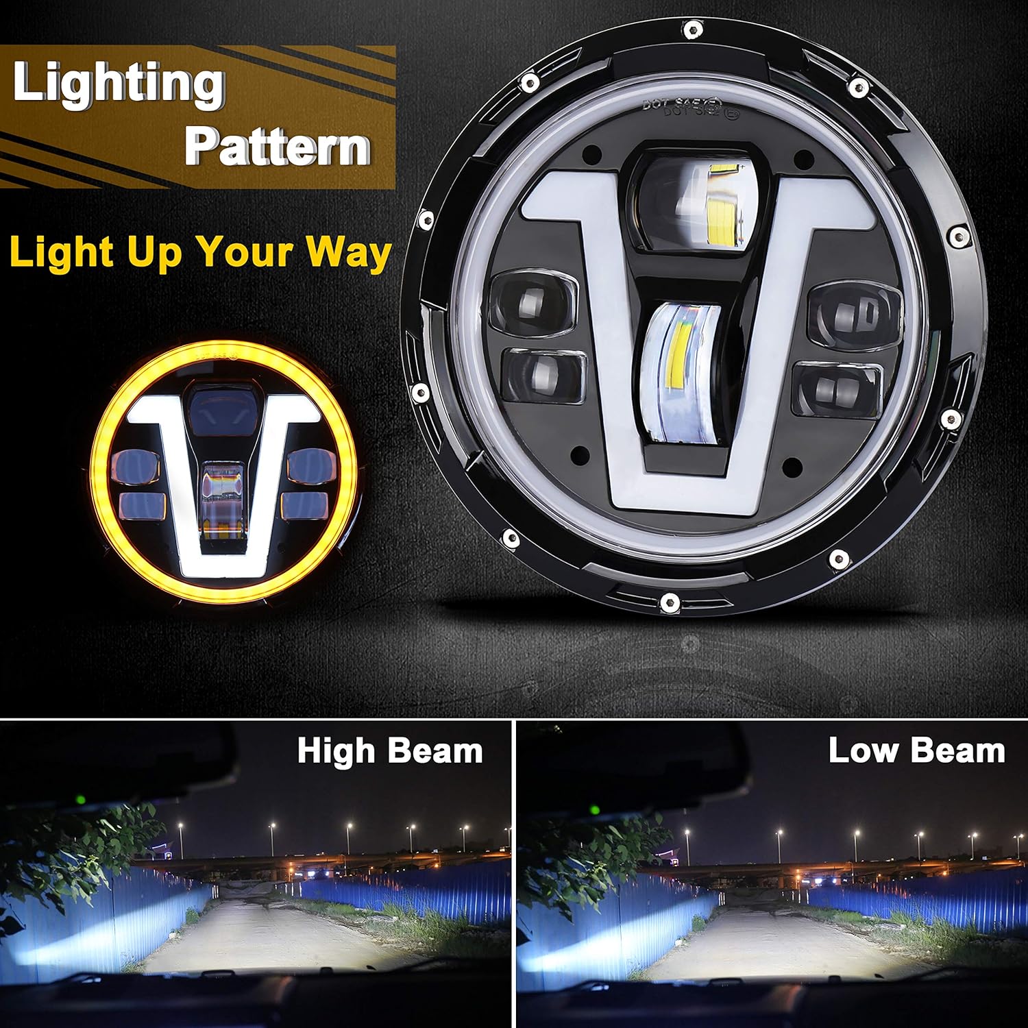 JK Headlights, OVOTOR 7 inch LED Headlights with V Type White DRL Amber Halo Turn Signal Compatible with Jeep Wrangler JK JKU TJ LJ CJ Hummer H1 H2