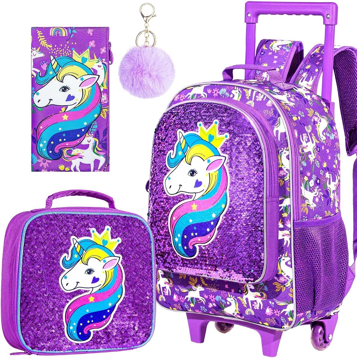 gxtvo Mochila enrollable para niños, Ruedas enrollables Bolsa de libros para niños, Maleta con ruedas Bolsa de escuela primaria 3PCS Dinosaurio/Unicornio/Sirena