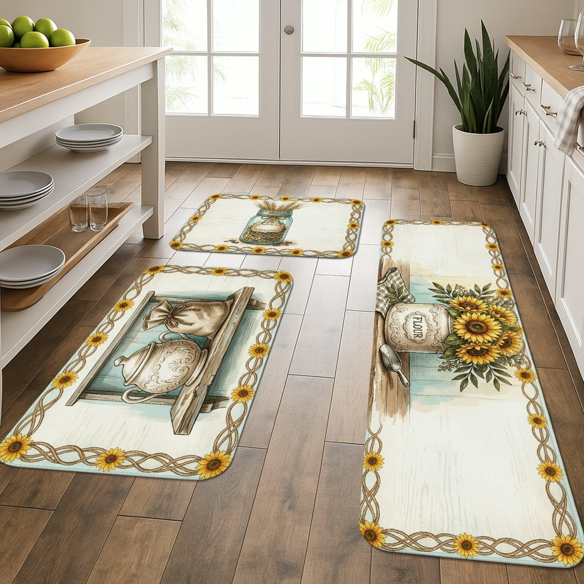 Tapis de cuisine en bois jaune d'été lot de 3 tapis lavable doux pour évier et maison