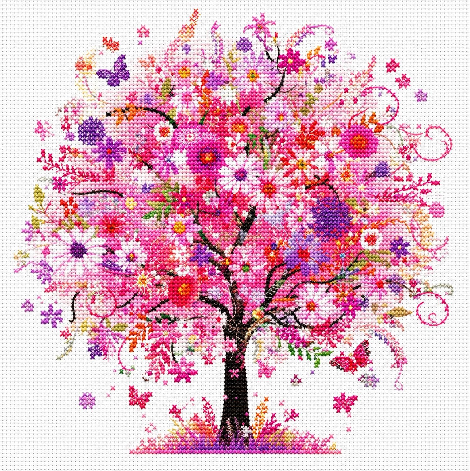 Zhenqing Pink Blossom Tree Stamped Cross Stitch Kit for Beginners, 11CT Printed 11.8 x 11.8 Inch Romantic Flower Tree Pattern with Threads, 2 Needles and English Instructions, DIY Wall Decor Gift