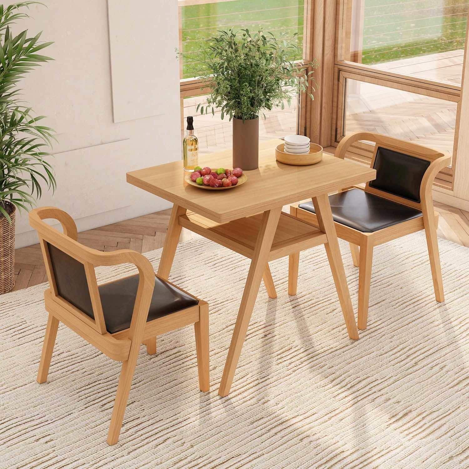 PADMA HOUSE Bistro Stacking Table Chair Set of 3, Wood Rattan Small Dining Table & Chair Set, Nesting Table Chair Set for Tavern, Balcony, Dining, Indoor, Patio-Natural Wood Color