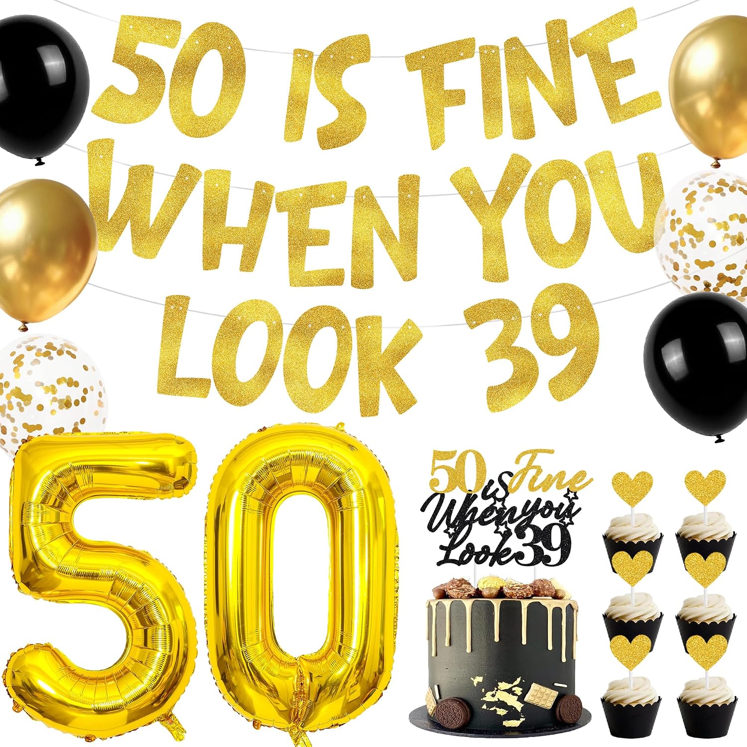 50th Birthday Party Decorations Banner - Gold Glitter 50 is Fine When You Look 39 Decoration with Banners Cake Topper Balloons, Happy 50th Birthday Party Supplies for Men Women