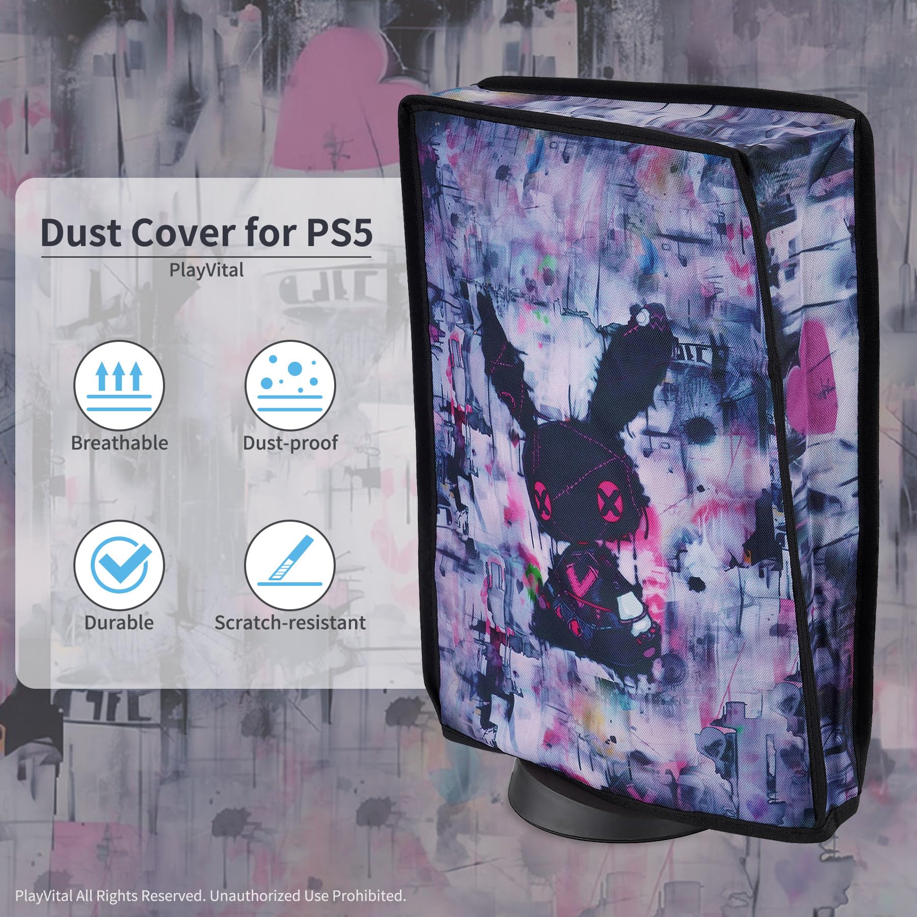 playvital Housse Anti-Poussière pour ps5 Accessoire Protection,Dust Cover pour ps5 Standard & Digital Console Cache-Poussière Nylon-Vertical,Lapin Punk Mignon - 3