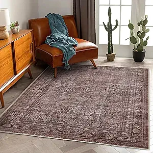 Washable Area Rug 4'x6' Traditional Floor Cover Foldable Thin Rugs Retro Kitchen Indoor Distressed Non Slip Carpet Floral Print Mat Bedroom Living Room