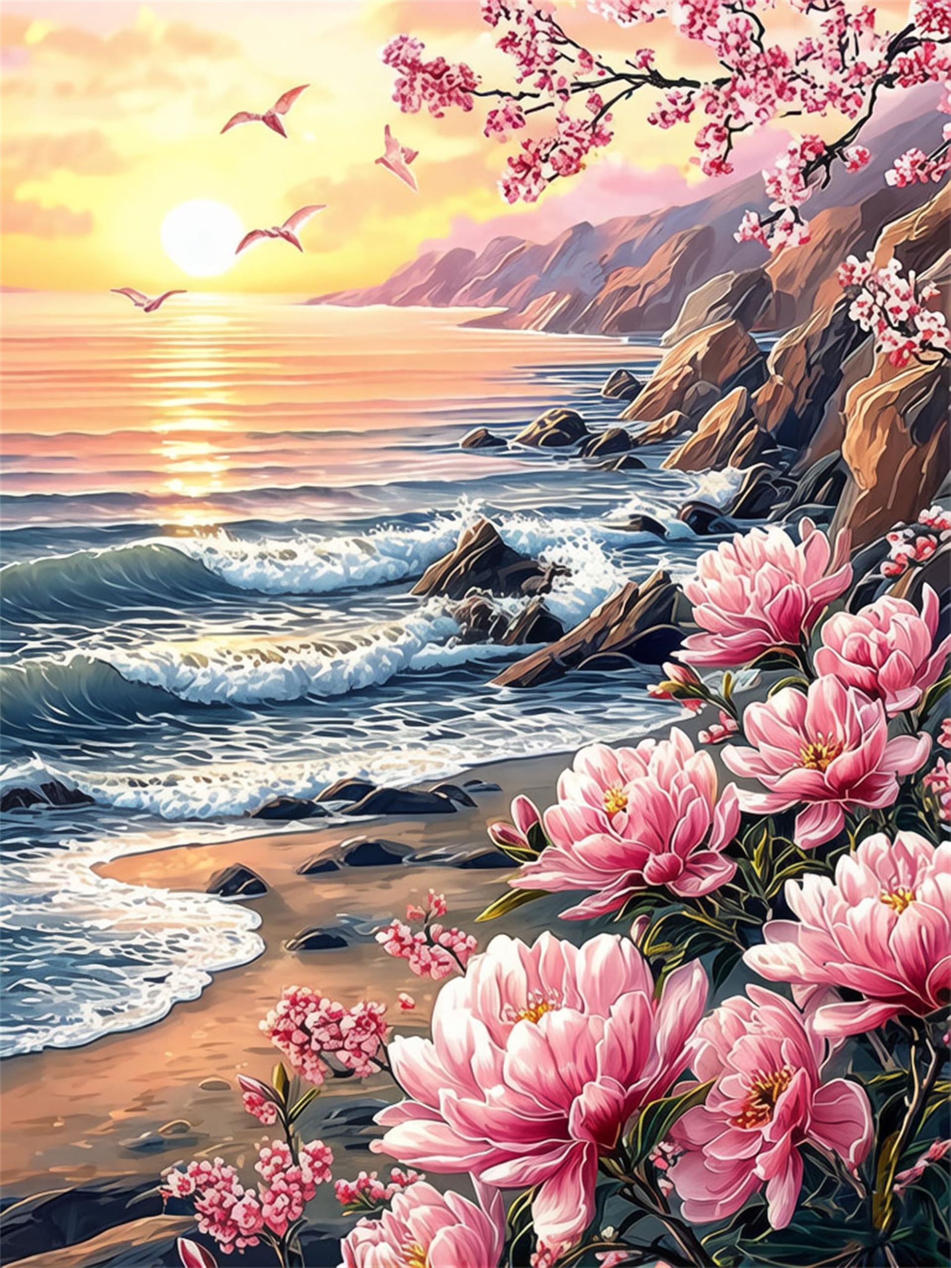 NANJDIAN 5D DIY Flower Diamond Painting Kit for Adults,Diamond Art Kits for Beginner,Painting by Diamonds,Gem Art Kits Round Drill for Home Wall Decor Gifts for Women, Men (Seaside Flowers)