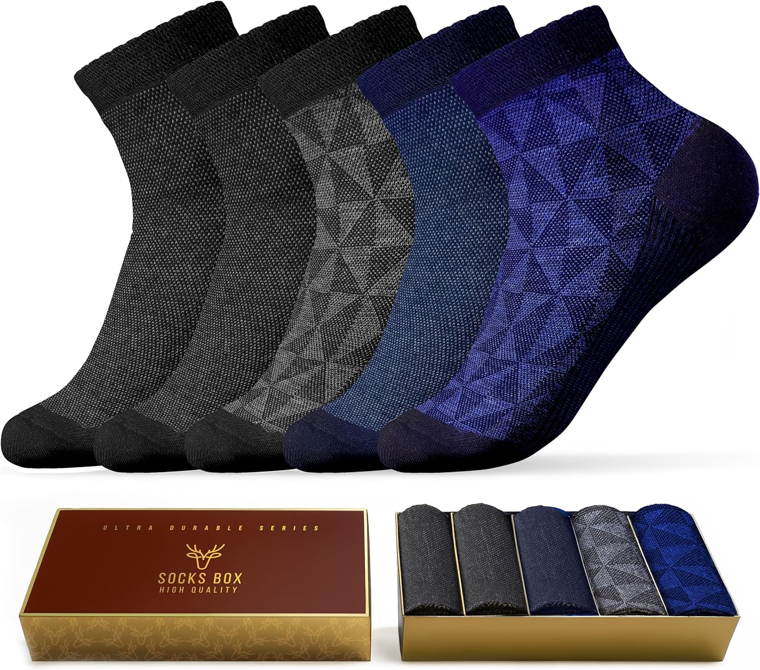 Mens Ankle Socks, Premium Quality Bamboo Rayon Ankle Socks, Patterned, 5 Pairs, Gift Box, Size 8-14