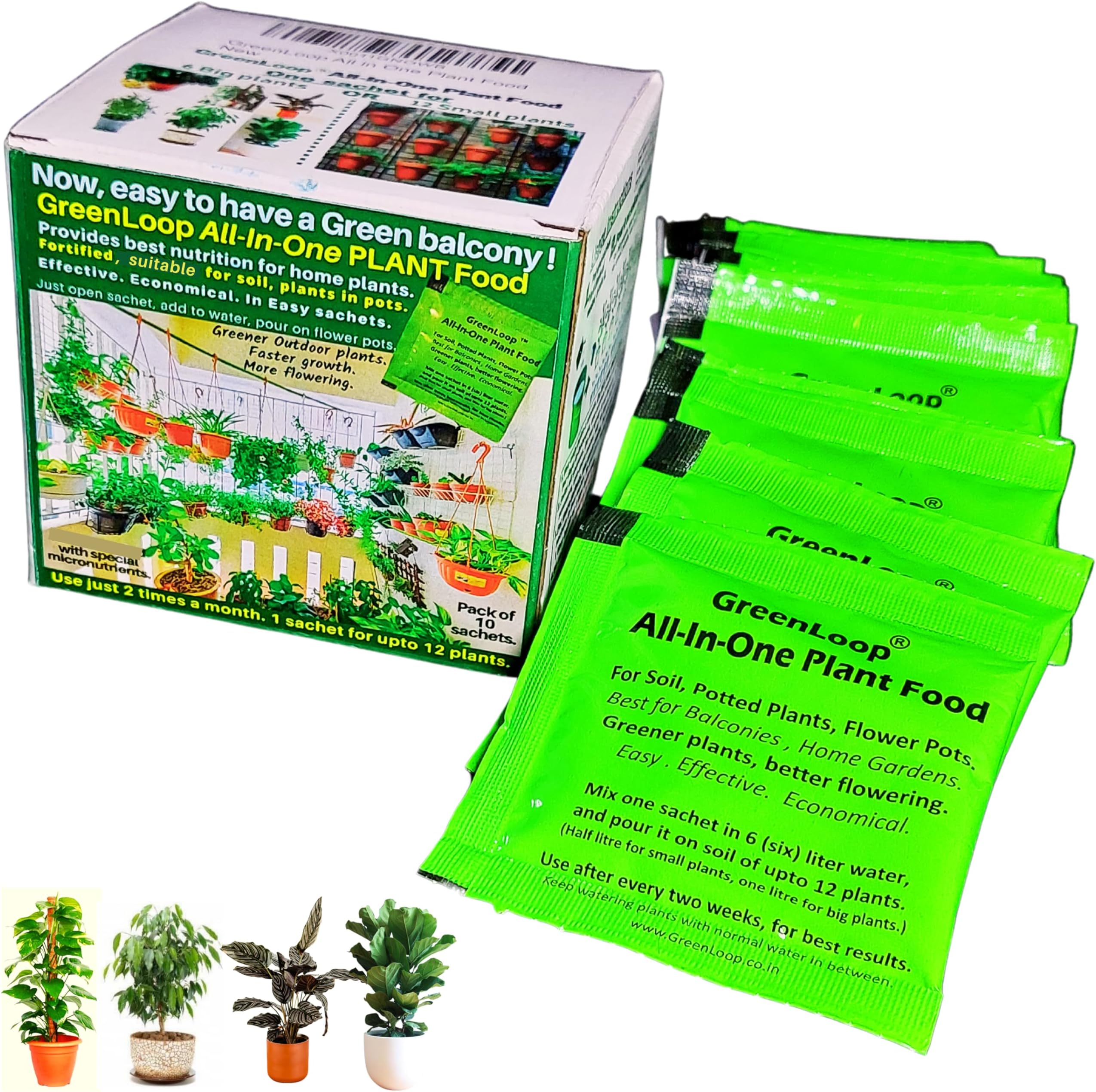 GREENLOOP-All In One Plant Food, For all House Plants, Complete Direct Nutrition With Micronutrients-For Better Plant Growth,200gm, 10 Sachets, Powder
