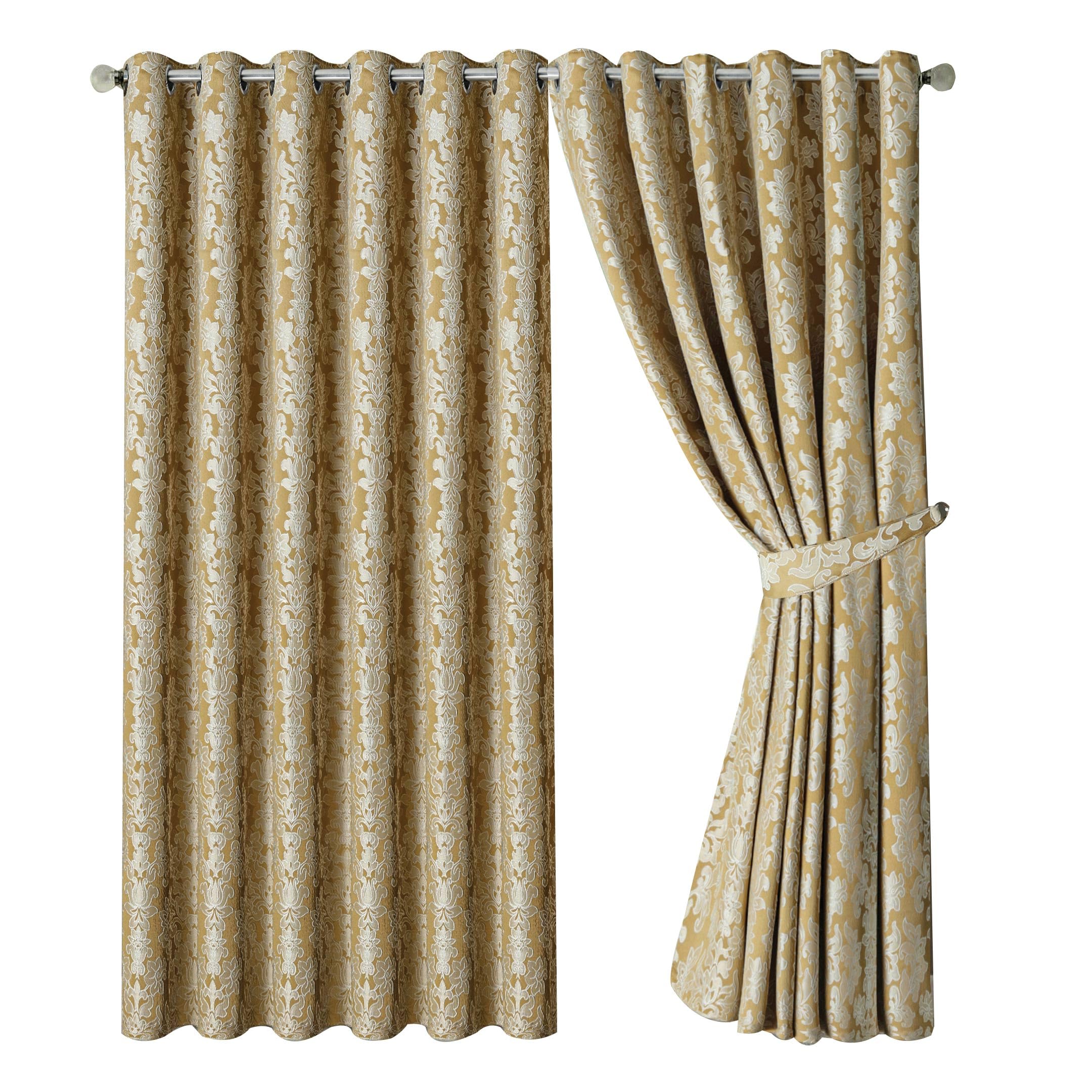 OpulentDreams Jacquard Curtains - Heavy Ring Top Window Curtains for Bedroom & Living Room - Fully Lined - Includes Two Tie Backs - Pair of Panels (Gold - Eyelet, 90" x 90" (228 x 228 cm))
