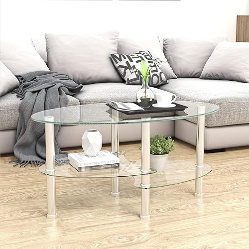 Miniatura 3 de Mesa de centro de cristal ovalada plateada para sala de estar, mesas auxiliares de sofá pequeño transparente Mordern con almacenamiento, mesa de