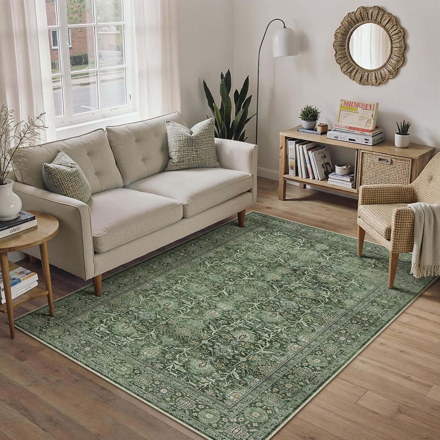 PureCozy Green Area Rug 3x5 Washable Office Entryway Carpet Soft Vintage Indoor Kitchen Living Room Door Mat Traditional Retro Distressed Throw Small Rug Bedroom Dining Room Bathroom