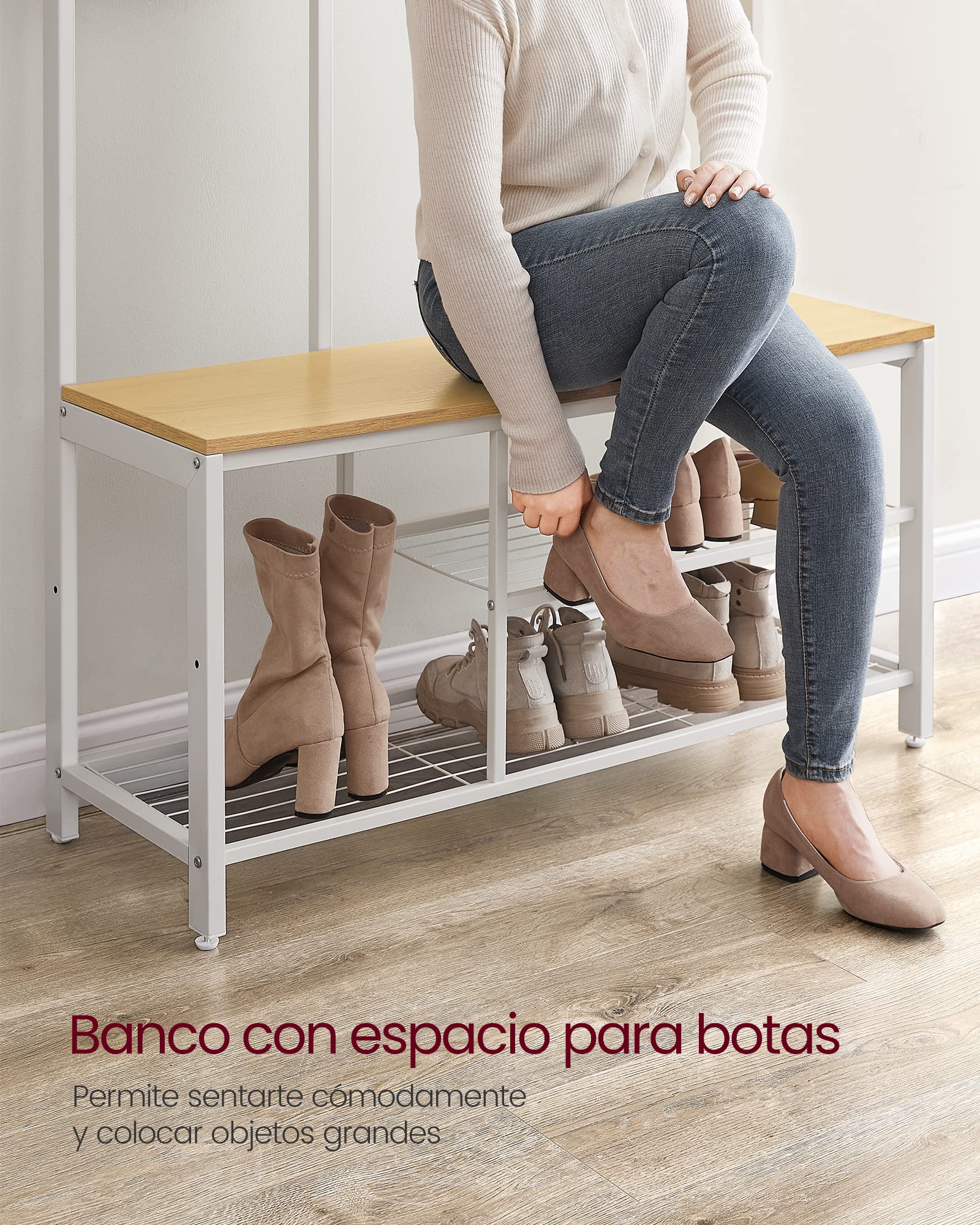 VASAGLE Perchero, Mueble Recibidor con Ganchos, Espejo, Banco Zapatero y Estantes, 36 x 98 x 185 cm, para Pasillo Dormitorio Salón, Roble y Blanco HSR050W09