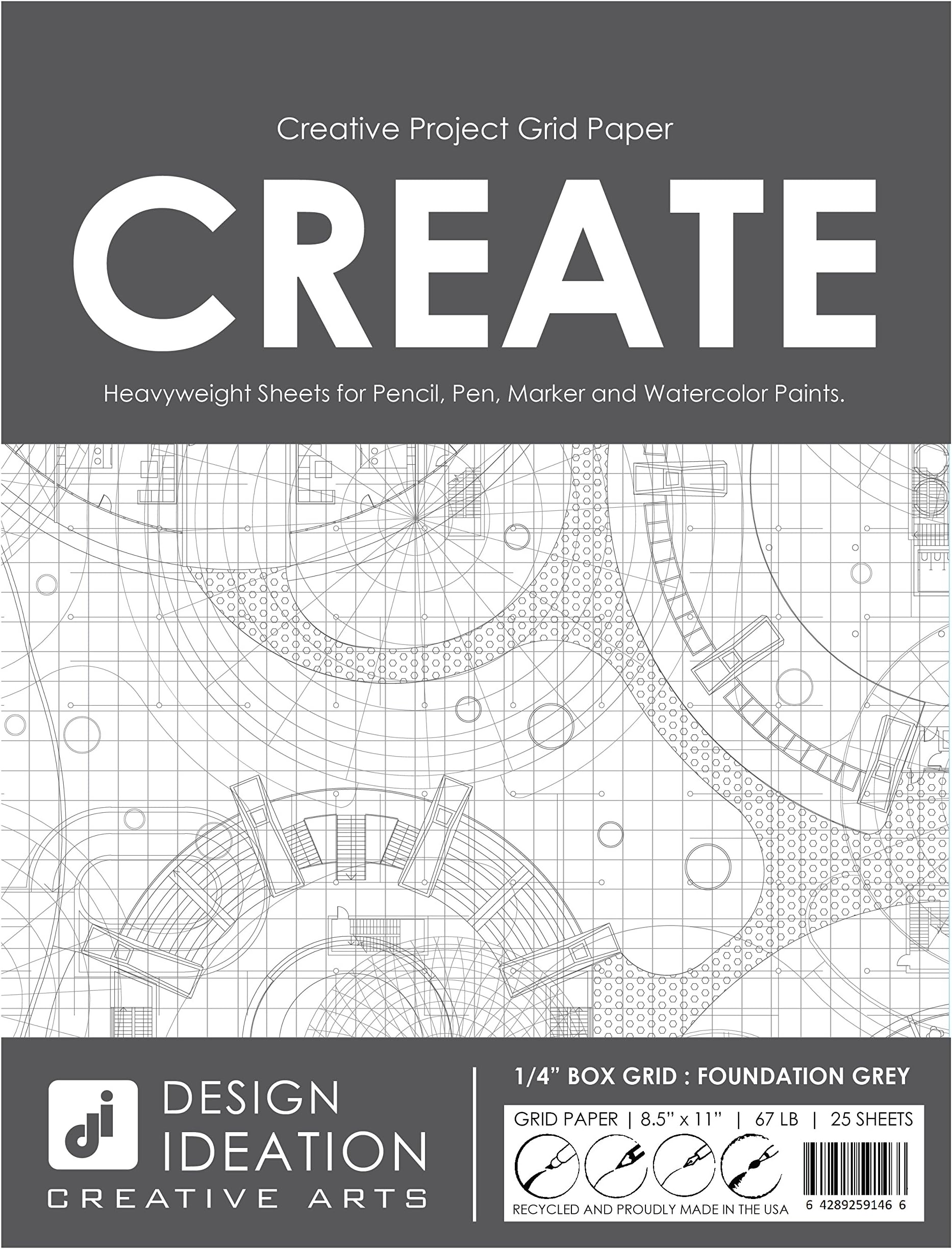 Design Ideation Grid Paper : Multi-Media Grid Paper for Pencil, Ink, Marker and Watercolor Paints. 1/4" Box Grid. (25 Sheet Pack.) Grey ARTM-GRID