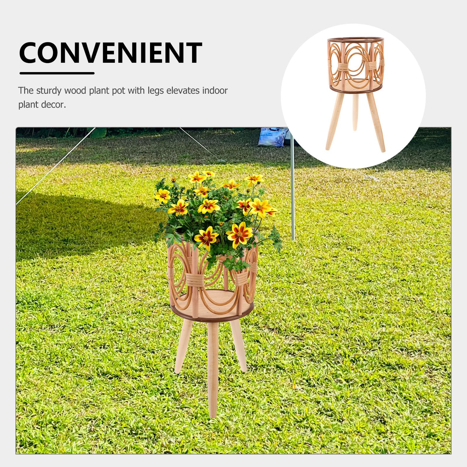Lurrose Support pour Pot de Fleurs en Bois Porte-Plantes tressé sur Pied - Présentoir pour jardinières d'intérieur, Balcon ou Jardin - Panier tressé à la Main 41 x 20 x 18 cm