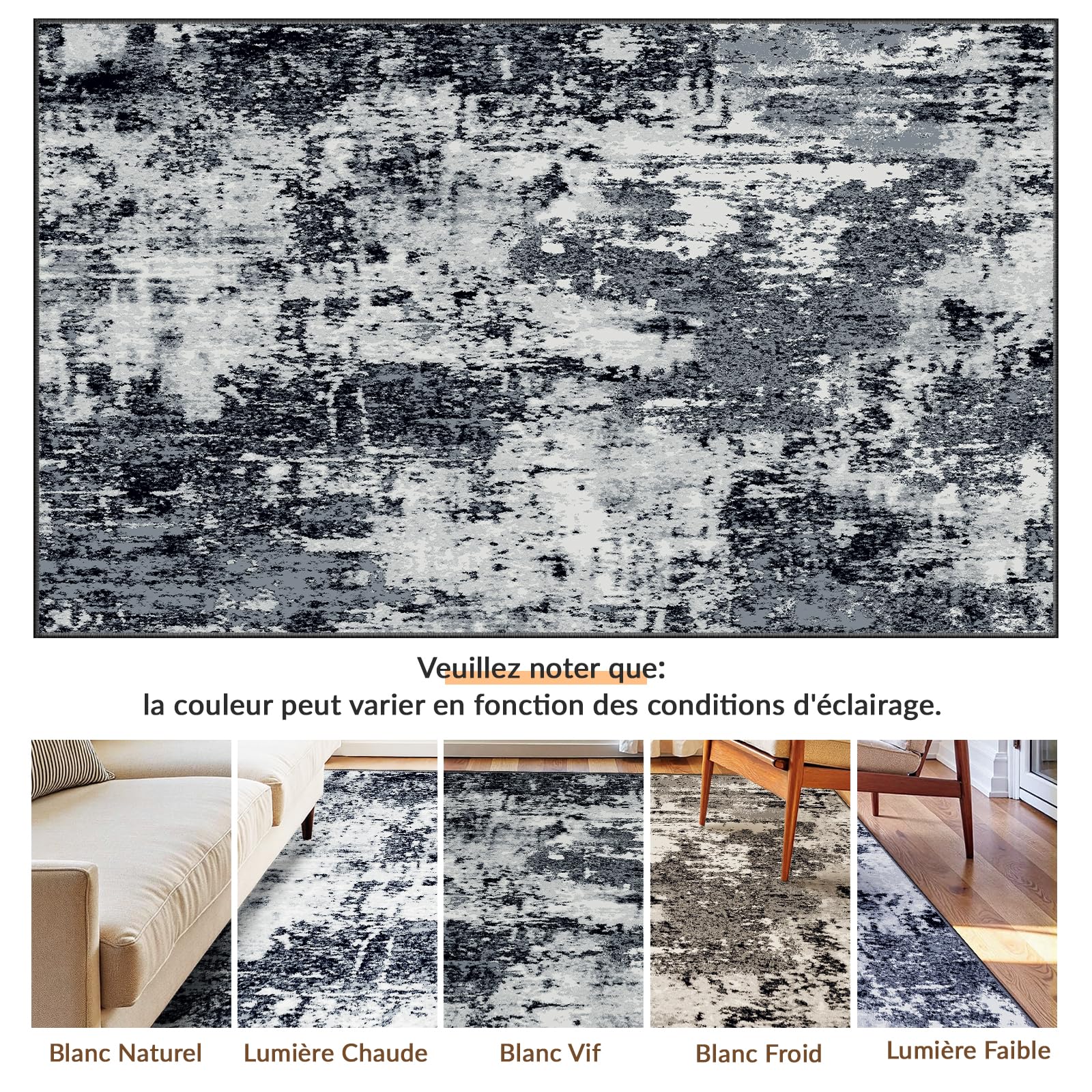 INOVADAY Tapis de Salon Lavable en Machine 120x180 cm Abstrait à Faible Poil Antidérapant Adapté à l'aspirateur avec Motif Imprimé Tapis Chambre, pour la Le Bureau à Domicile Noir/Gris/Bleu/Blanc
