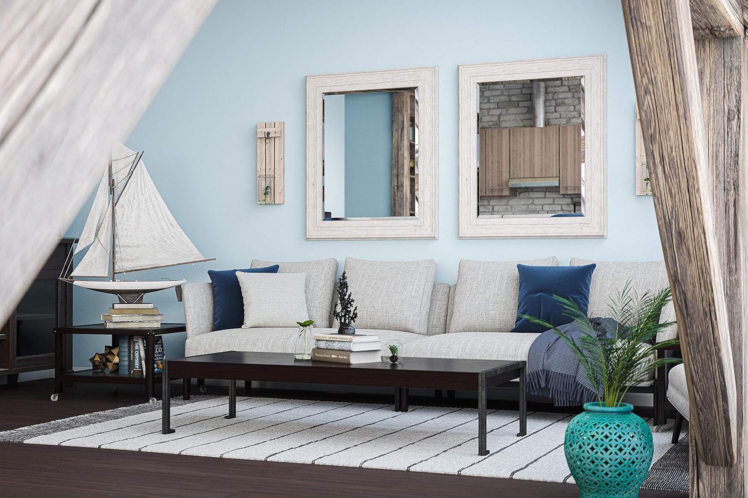 Kenroy Home 60352 Warren Beveled Mirror w/Distressed White Wood Finish Frame with White Finish, Rustic Style, 35.19" Height, 29.19" Width, 1.06" Depth