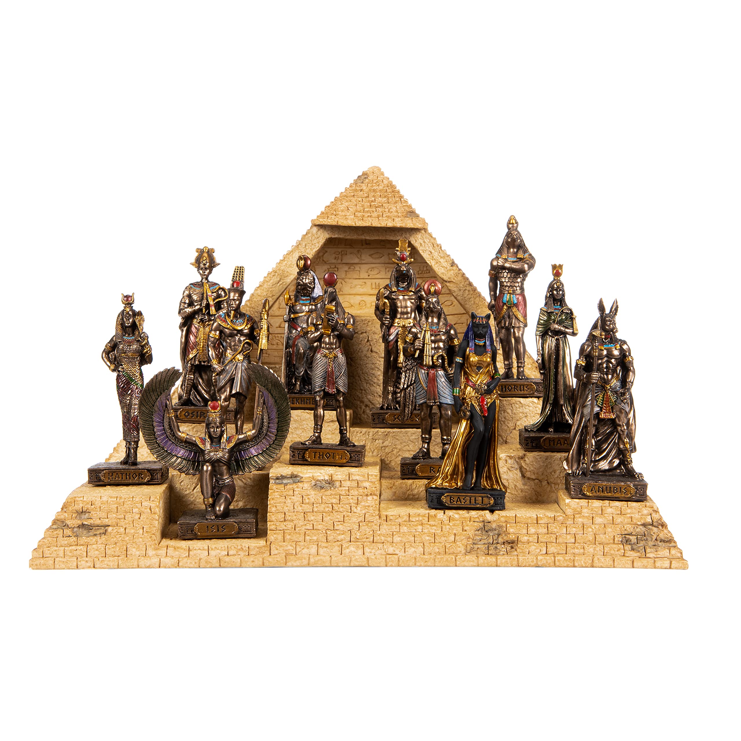 Set 12 Egyptian Gods on a Pyramid Base Hand Painted Bronze Miniature Statues