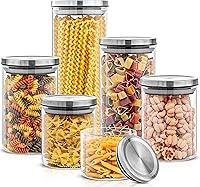 JoyJolt 6-Piece Glass Canister Set with Airtight Stainless Steel Pop-Top Lids - Pantry Storage for Flour, Sugar, Cereal