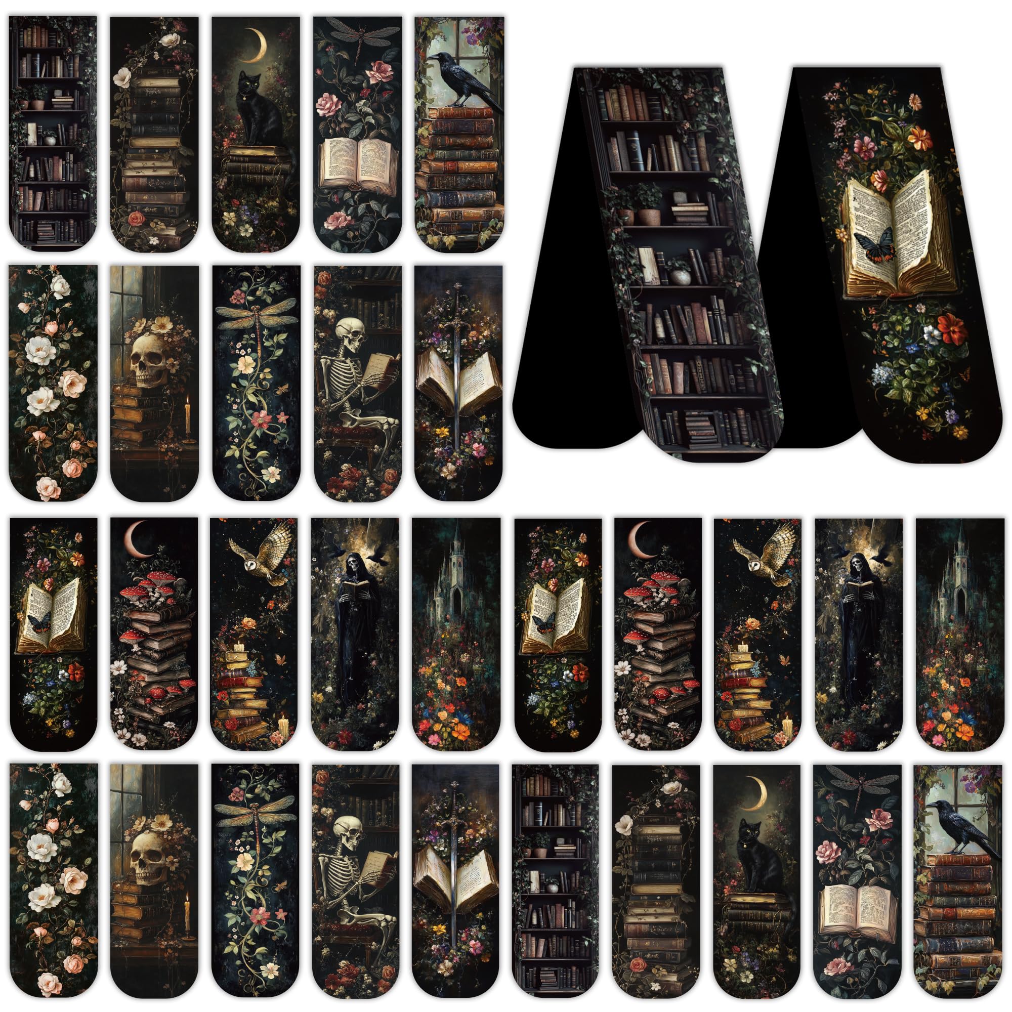 Dark Academia Magnetic Bookmarks: 30 PCS Gothic Witchy Vintage Book Marks, Skull Cat Rose Owl Bookmark for Book Lovers, Readers and Students, Perfect