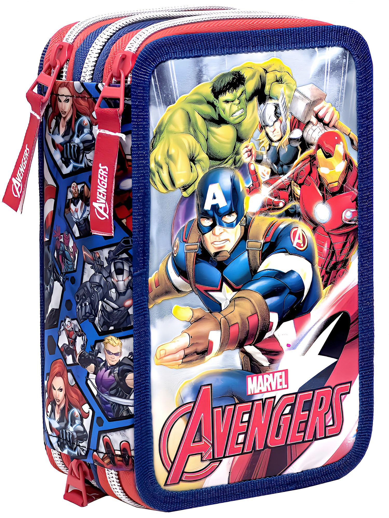 Clondo Estuche Triple Lleno para Niños, para Los Vengadores Avengers Fan, Plumier Triple, 44 Accesorios Educación Primaria, 20 Centímetros, 3 Cremalleras, Superhéroes