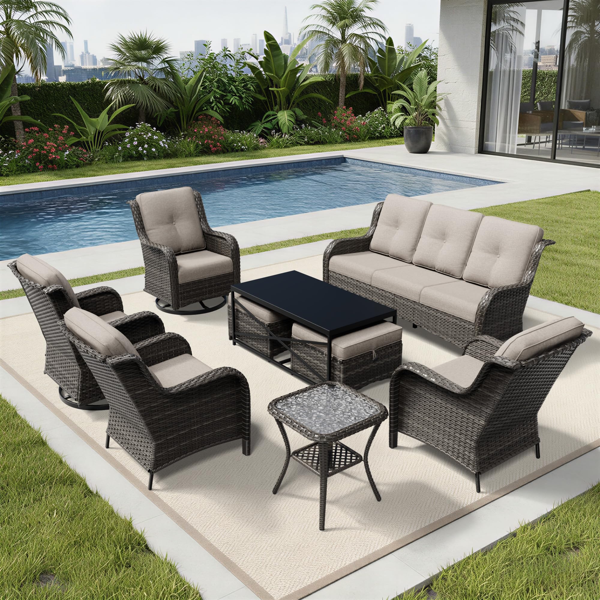 Joyside 9 Piece Wicker Patio Furniture Set, Outdoor Swivel Rocker Patio Chairs with High Back, Deep Seating, Wide Armrest, Thickened Cushions, Outdoor Furniture for Deck, Porch Use