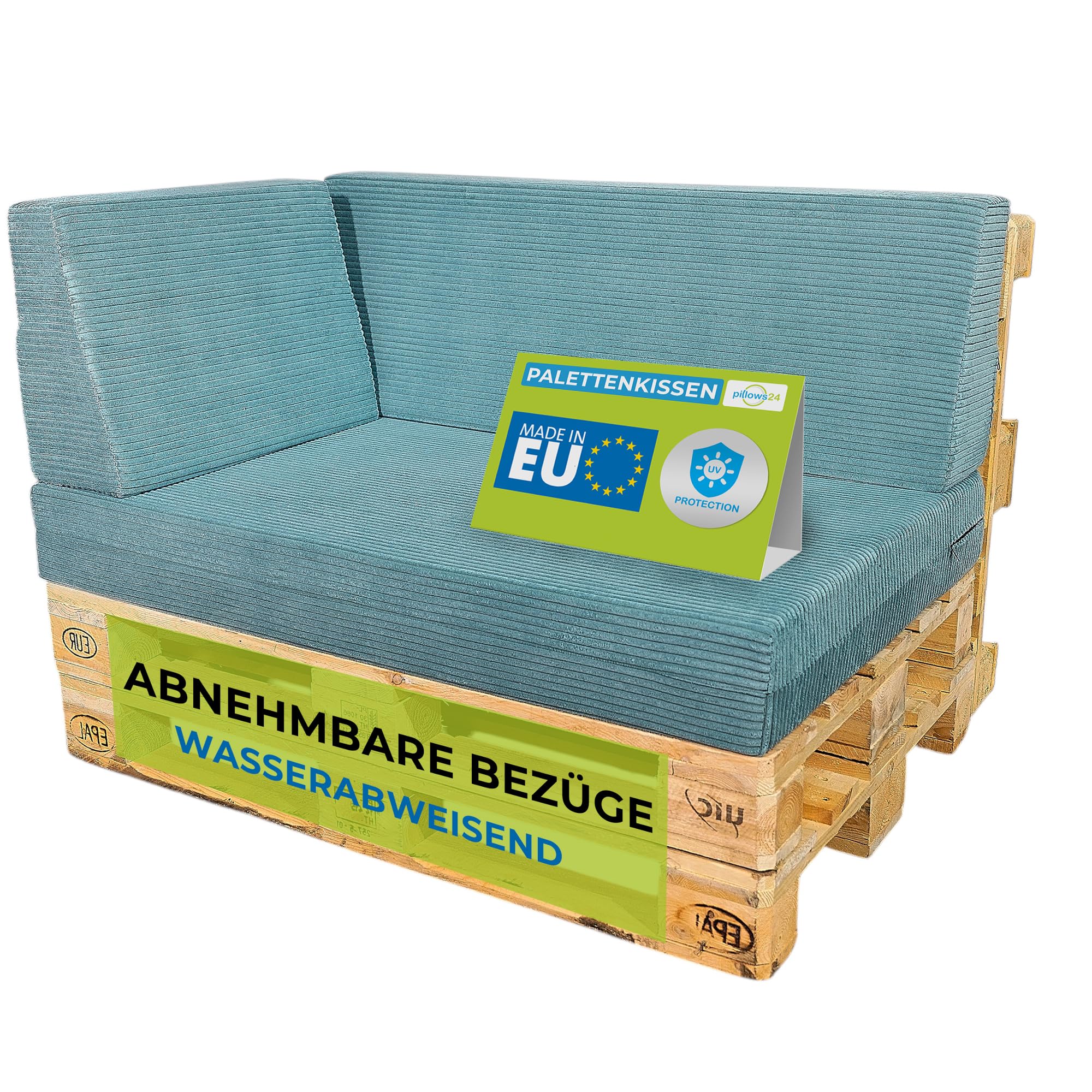 Palettenkissen 3-teiliges Set aus Cordstoff | Sitzkissen & Rückenkissen für Europaletten 120x80 | Weiche Palettenauflage für Wohnzimmer, Garten oder Balkon | Made in EU | Hellblau