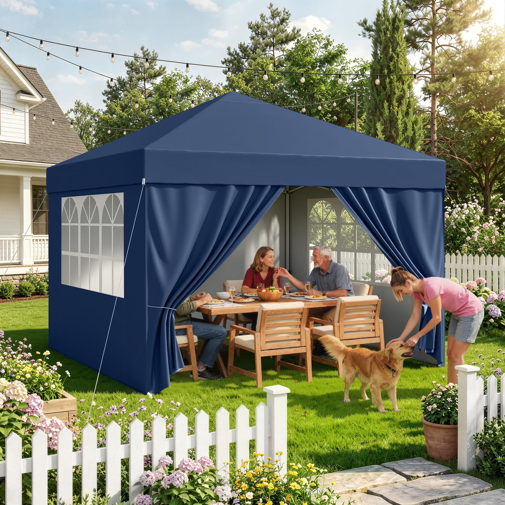 Hawthyhome Pavillon 3x3 Wasserdicht Stabil Winterfest, Faltpavillon 3x3 mit 4 Seitenteilen, Pop Up Pavillon UV Schutz 50+, Höhenverstellbar Partyzelt Gartenpavillon Für Outdoor, Blau Mit Seitenwänden