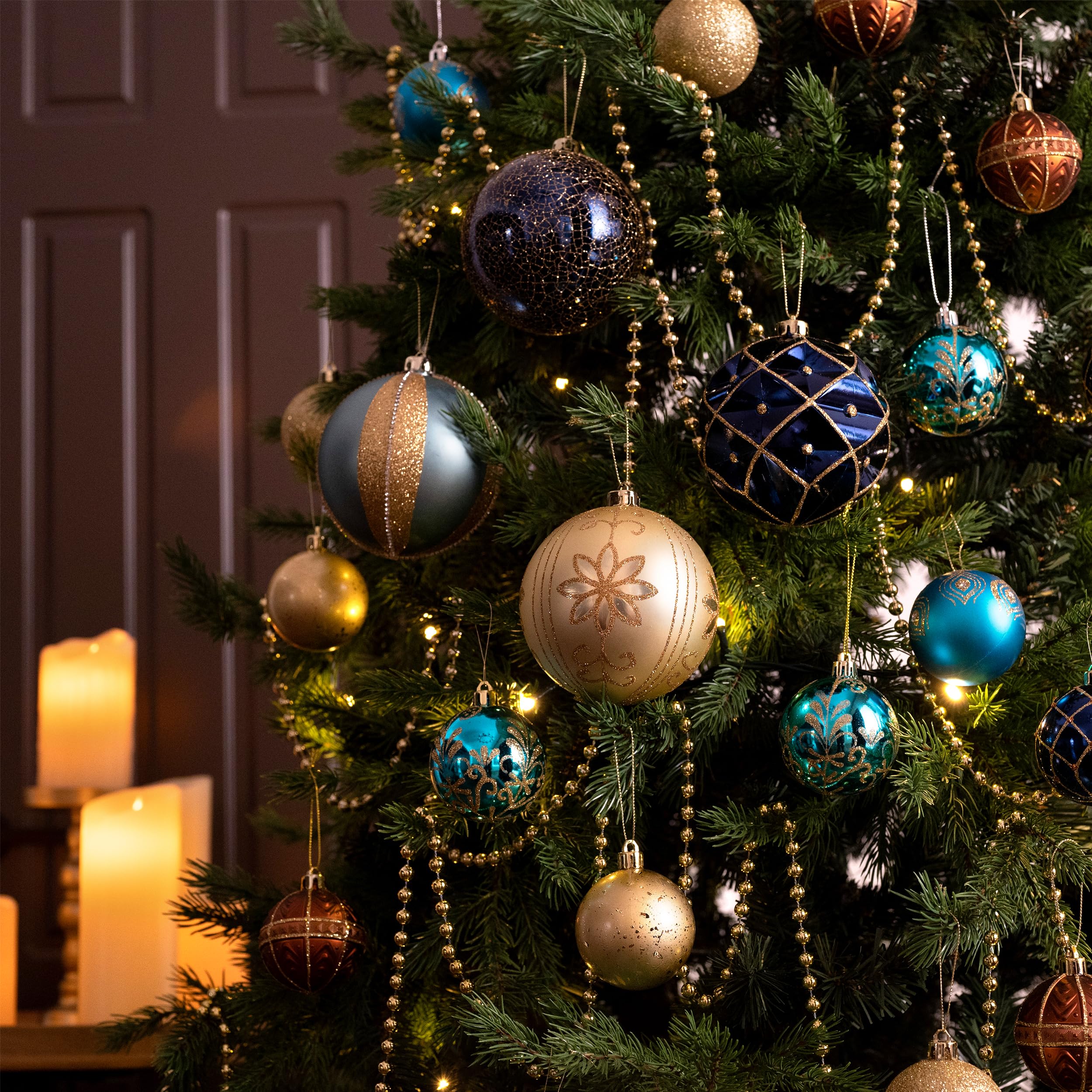 Valery Madelyn Christmas Tree Ornaments, 9ct Blue and Gold Shatterproof Christmas Tree Decorations, 3.94 Inches Peacock Hanging Ball Ornaments Bulk for Xmas Holiday Party Decor