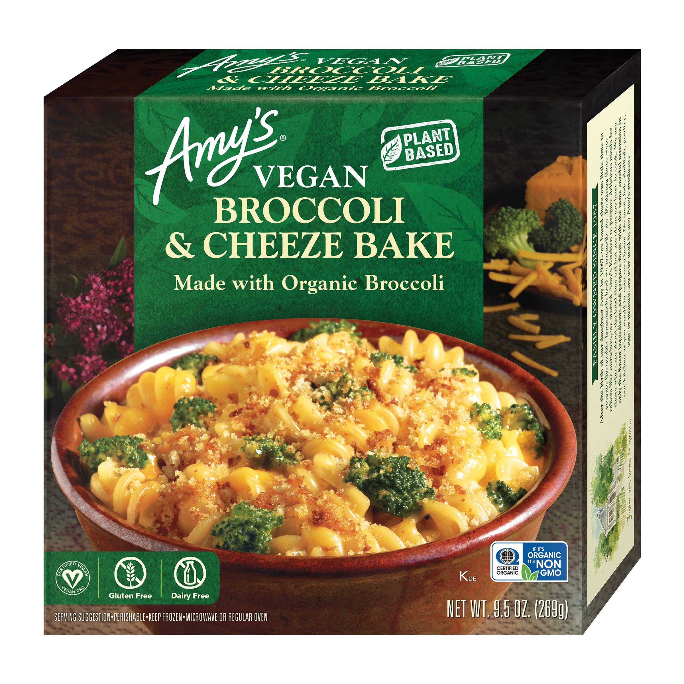 Amy's Vegan Frozen Meal, Gluten Free Broccoli & Cheeze Bake, Made with Cheeze (Vegan Cheese) and Organic Broccoli