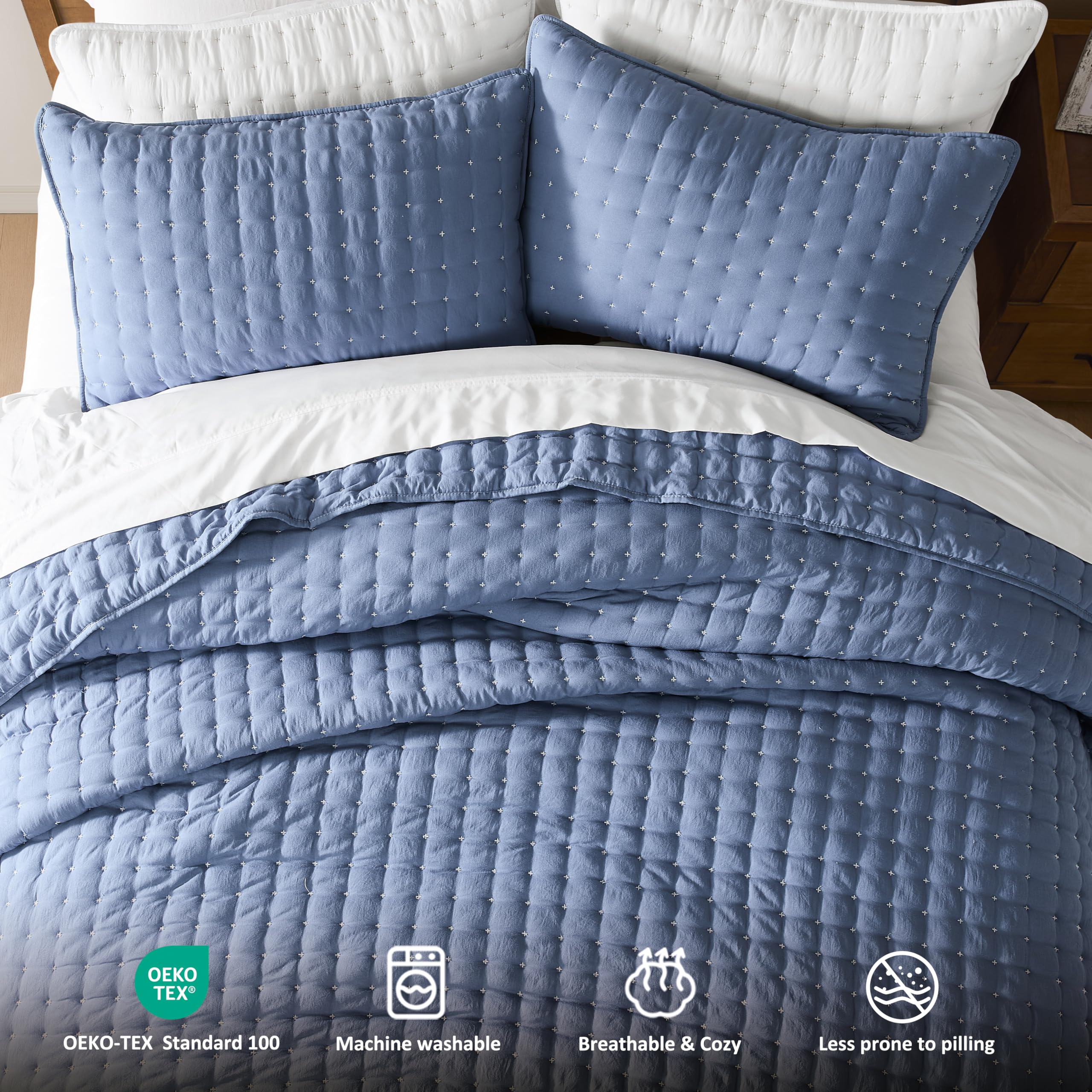 WDCOZY Set di biancheria da letto con trapunta blu California King Size con federe, copriletto oversize leggero e morbido, coperta trapuntata sottile, 3 pezzi, 299,7 x 269,2 cm