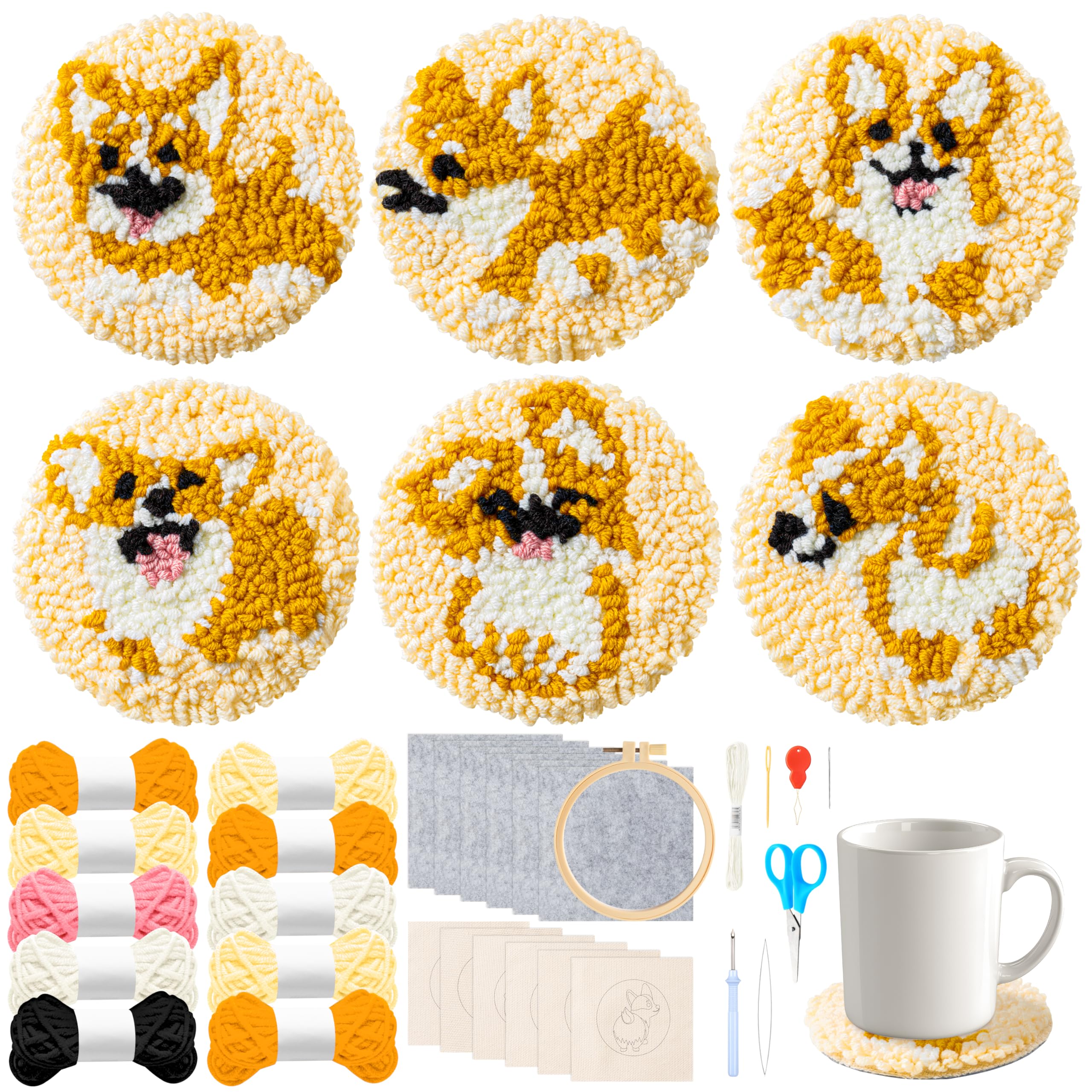 WATINC 22PCS Corgi DIY Art Craft Sewing Coaster for Toddlers Christmas Gifts Needle Punch Coaster Embroidery Making Kit Corgi Handmade Beginner Easy Embroidery Kit with Instruction for Kids Adults