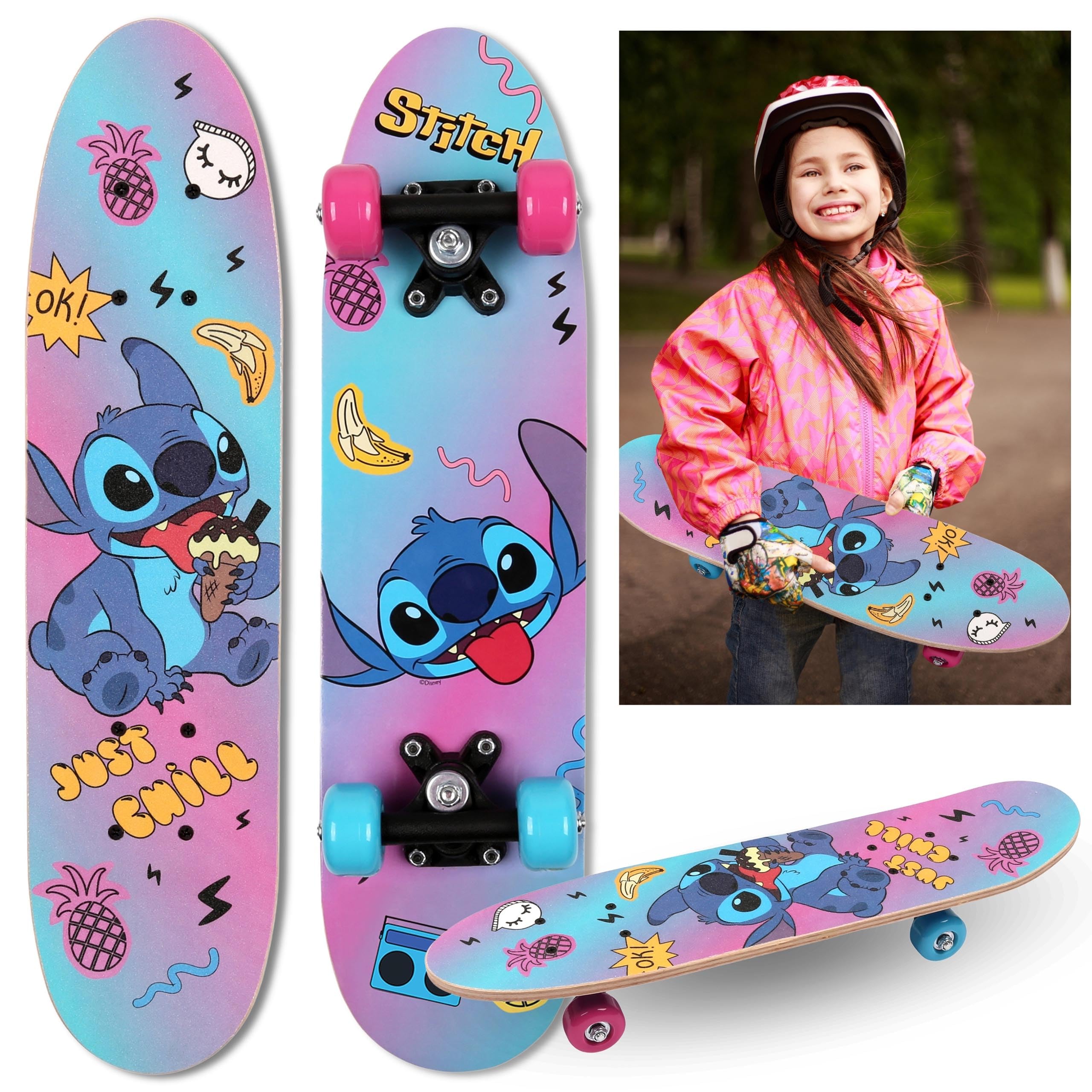 Disney Stitch Planche à roulettes en Bois 61cm, antidérapante, légère et Stable 20-50kg