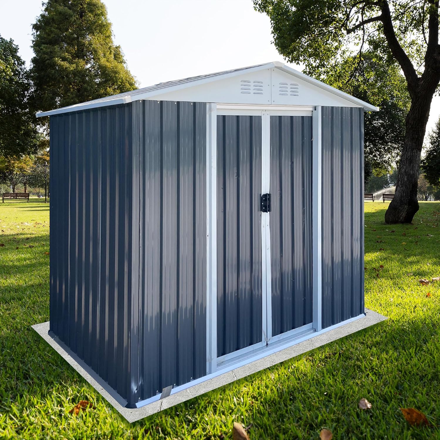 6x4 FT Metal Outdoor Storage Sheds, Garden Shed with Lockable Doors & Base Frame, Tool Shed with Apex Roof for Patio Lawn Backyard