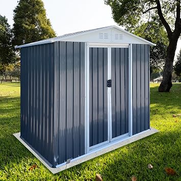 6x4 FT Metal Outdoor Storage Sheds, Garden Shed with Lockable Doors & Base Frame, Tool Shed with Apex Roof for Patio Lawn Backyard