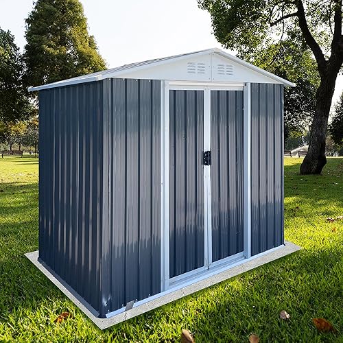 6x4 FT Metal Outdoor Storage Sheds, Garden Shed with Lockable Doors & Base Frame, Tool Shed with Apex Roof for Patio Lawn Backyard
