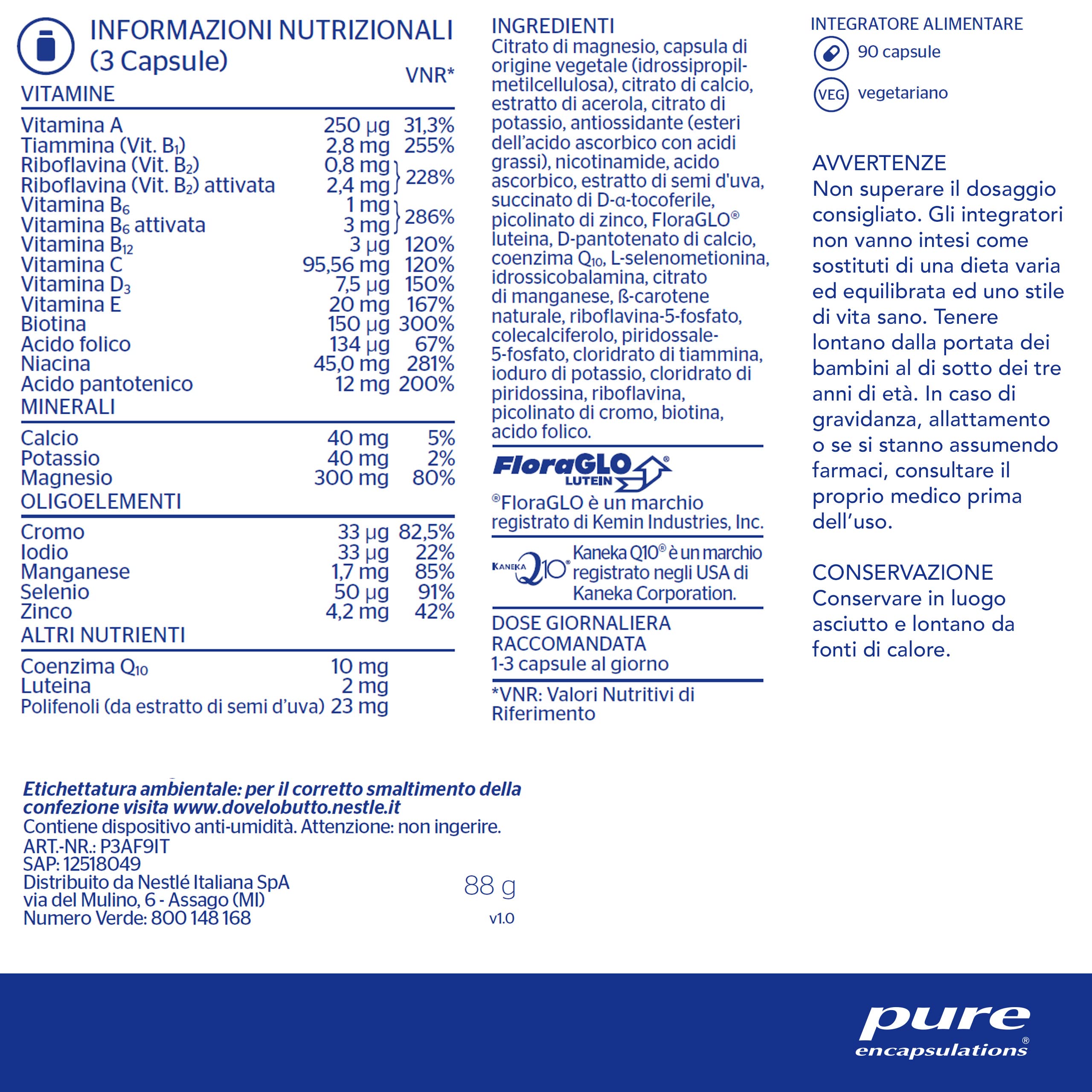 Pure Encapsulations - Multivitaminico Tutto in Uno – Integratore Completo con Vitamine e Minerali – Energia e Benessere – 90 Capsule