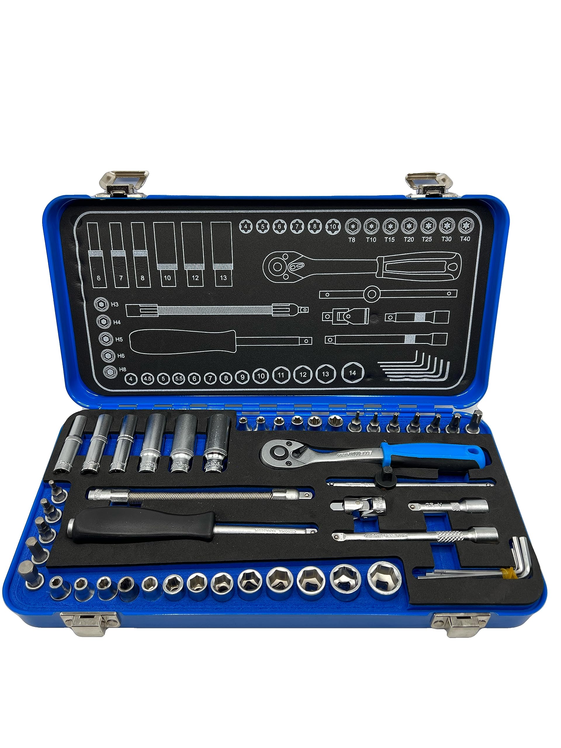 Kraftwelle Coffret à cliquet 1/4" 50 pièces Coffret à outils avec cliquet 72 dents, jeu de douilles 6-13 mm, écrou profil E, Torx/outil de mécanique de précision