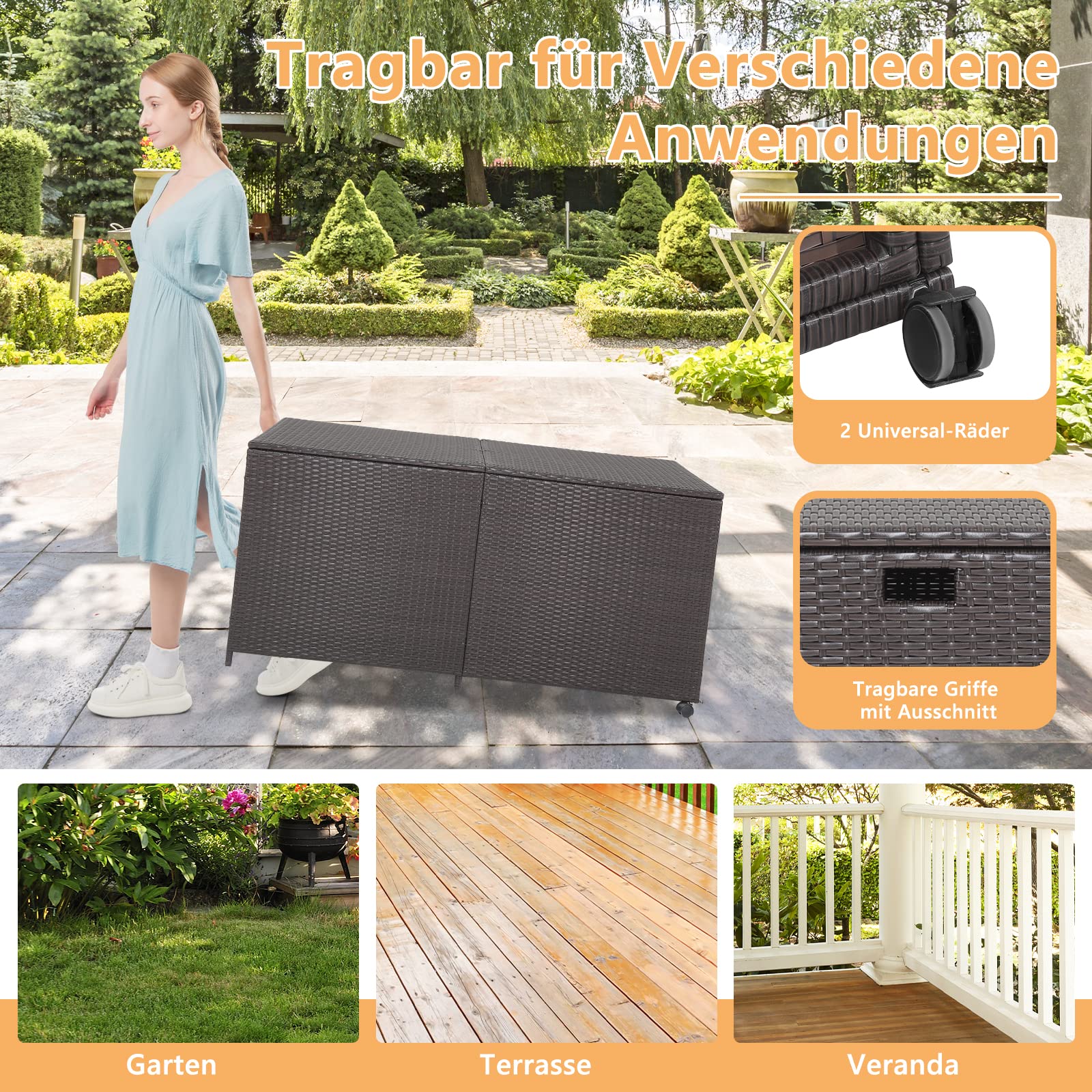 COSTWAY XXL Gartenbox mit 662 L Fassungsvermögen, Aufbewahrungsbox aus Rattan mit Reißverschluss & 2 Universalrädern, Kissenbox Gartenschrank Gartentruhe wetterfest für Garten, Hinterhof