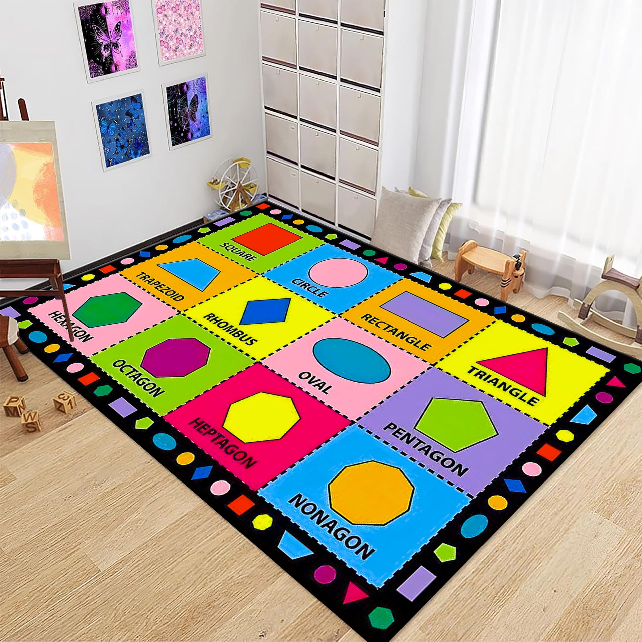 PDENZG Kids Room Educational Learning Nursery Rugs, 140x200cm,Non Slip Kids Foldable Play Mat,Colorful Shape Learning Children's Rug for Boys, Girls, Babies,for Playrooms, Classrooms Nurseries.