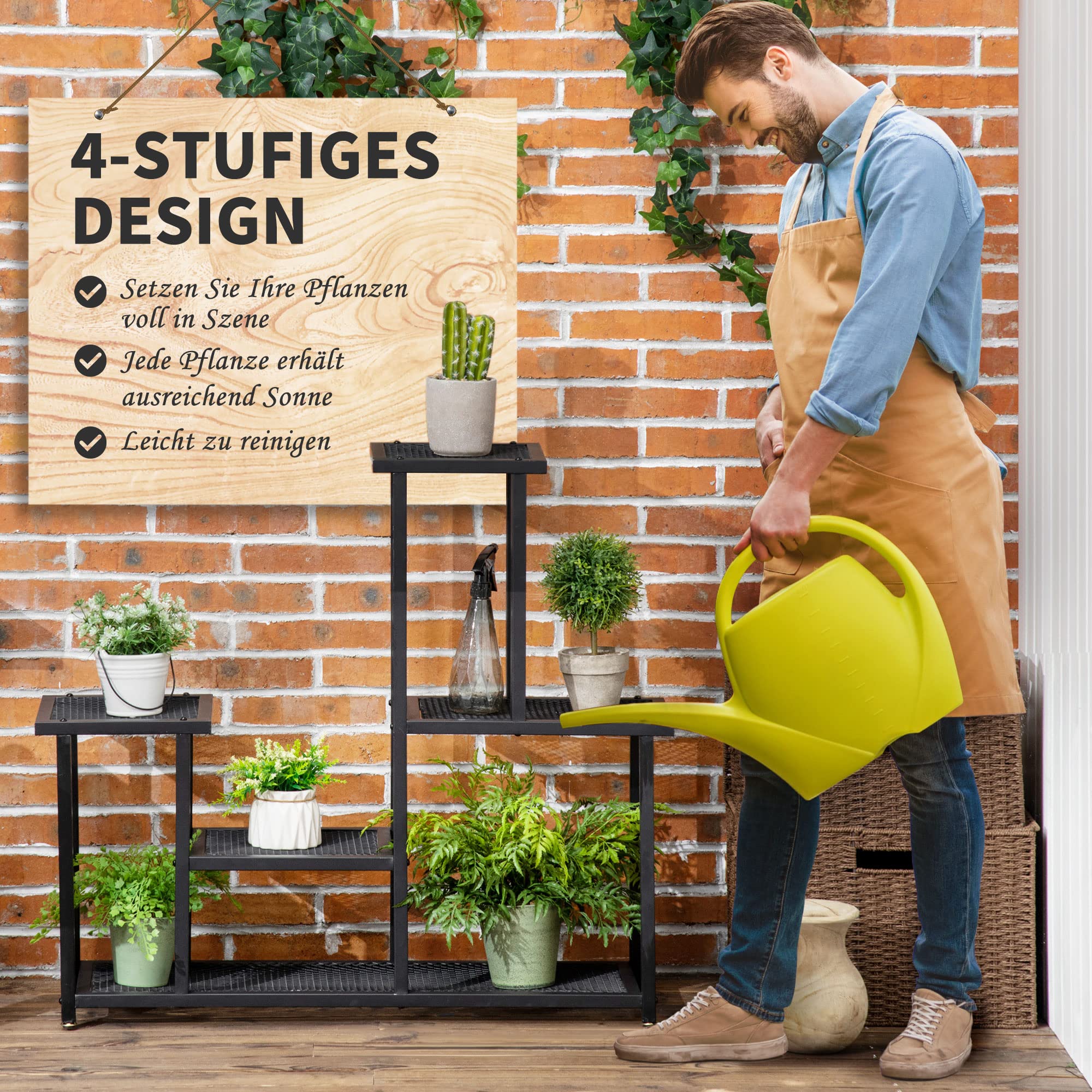 Outsunny 4-Etagen Pflanzenständer, 83cm hoch Blumenständer für Innen Außen, Pflanzenregal aus Metall, mehrstöckig Blumenregal, Blumentopfständer für Wohnzimmer, Garten Balkon Deko, Schwarz