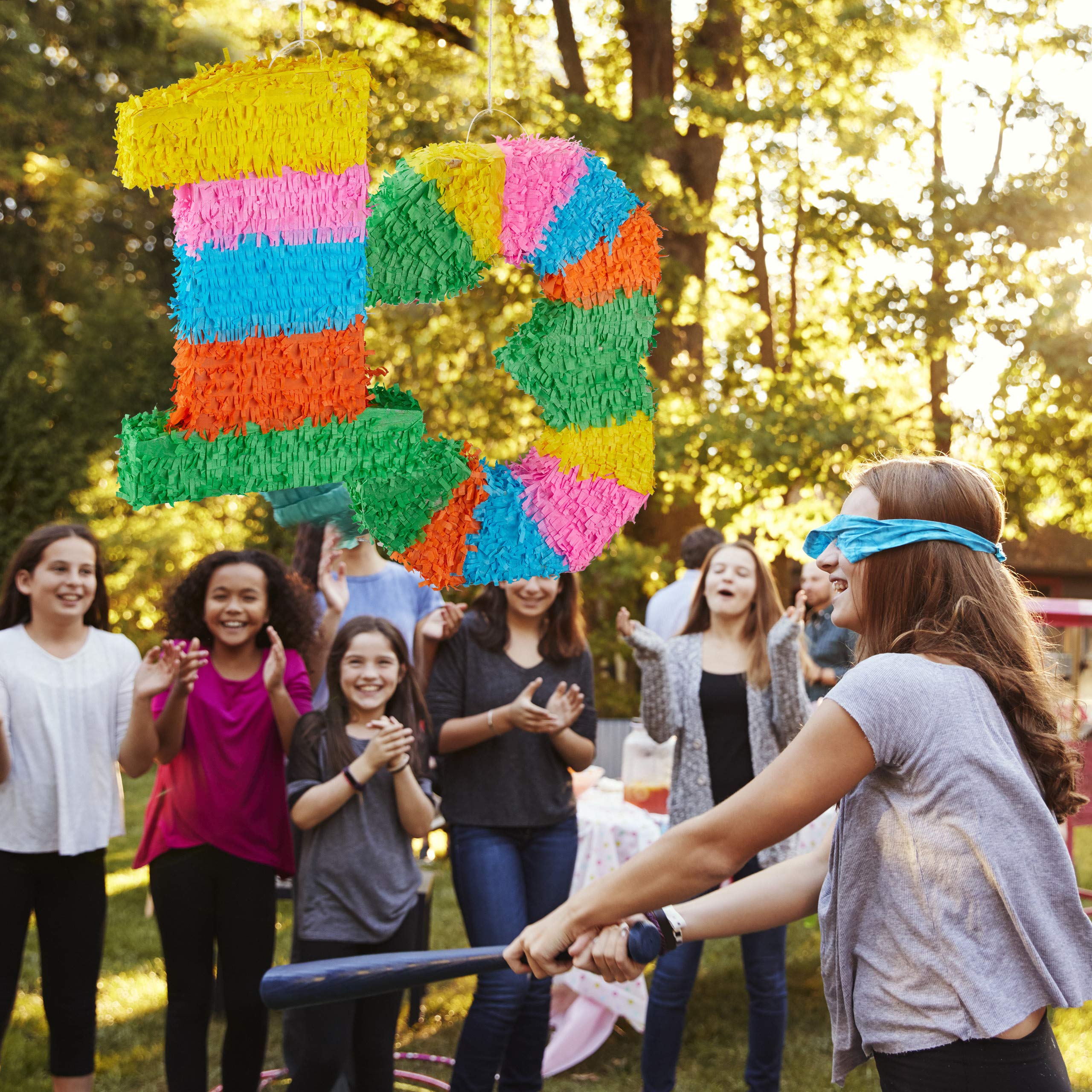 Relaxdays 3-częściowy zestaw Pinata na urodziny, cyfra 2, pręt do pinaty z maską na oczy, dzieci i dorosłych, piñata do samodzielnego napełniania, kolorowa