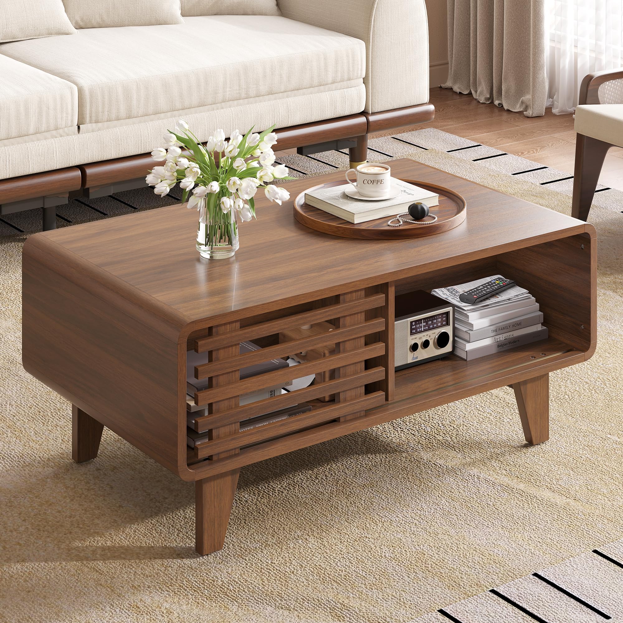 Coffee Table with Storage, 39" Mid Century Modern Coffee Table for Living Room Rectangle Wooden Center Table Small Fluted Tea Table with Sliding Door and Open Shelves, Light Walnut