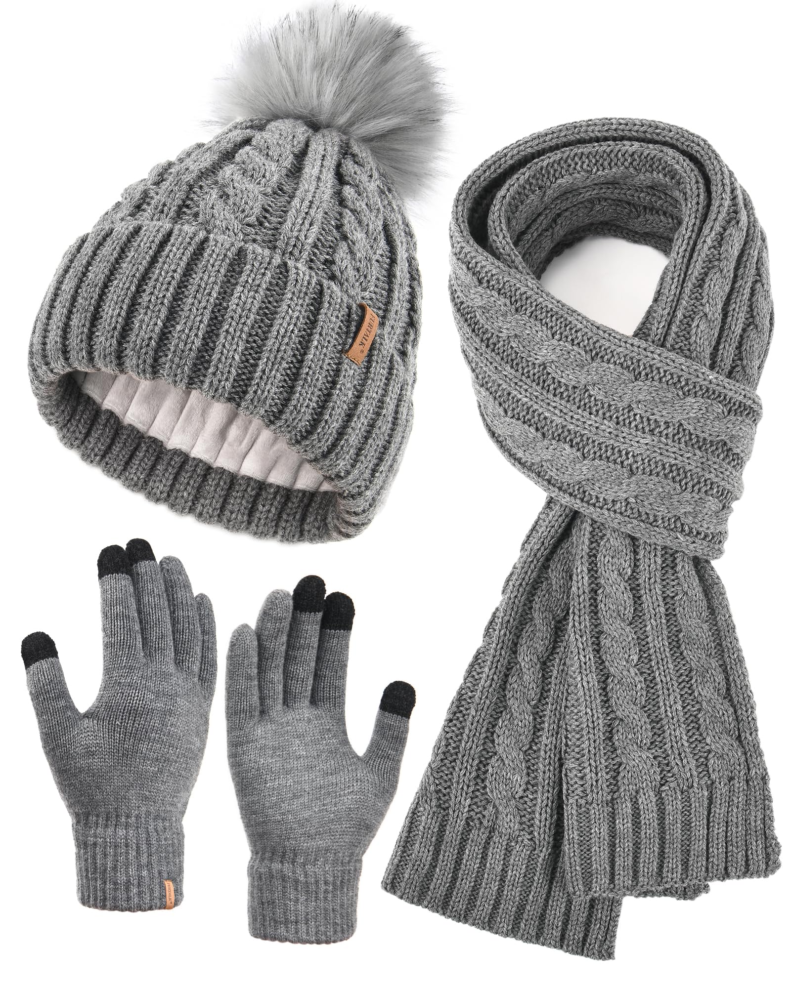 FURTALK Womens Winter Hat Gloves Scarf Set Fleece Knit Pom Beanie Warm Neck Warmer Touchscreen Gloves 3 in 1 Gift Set