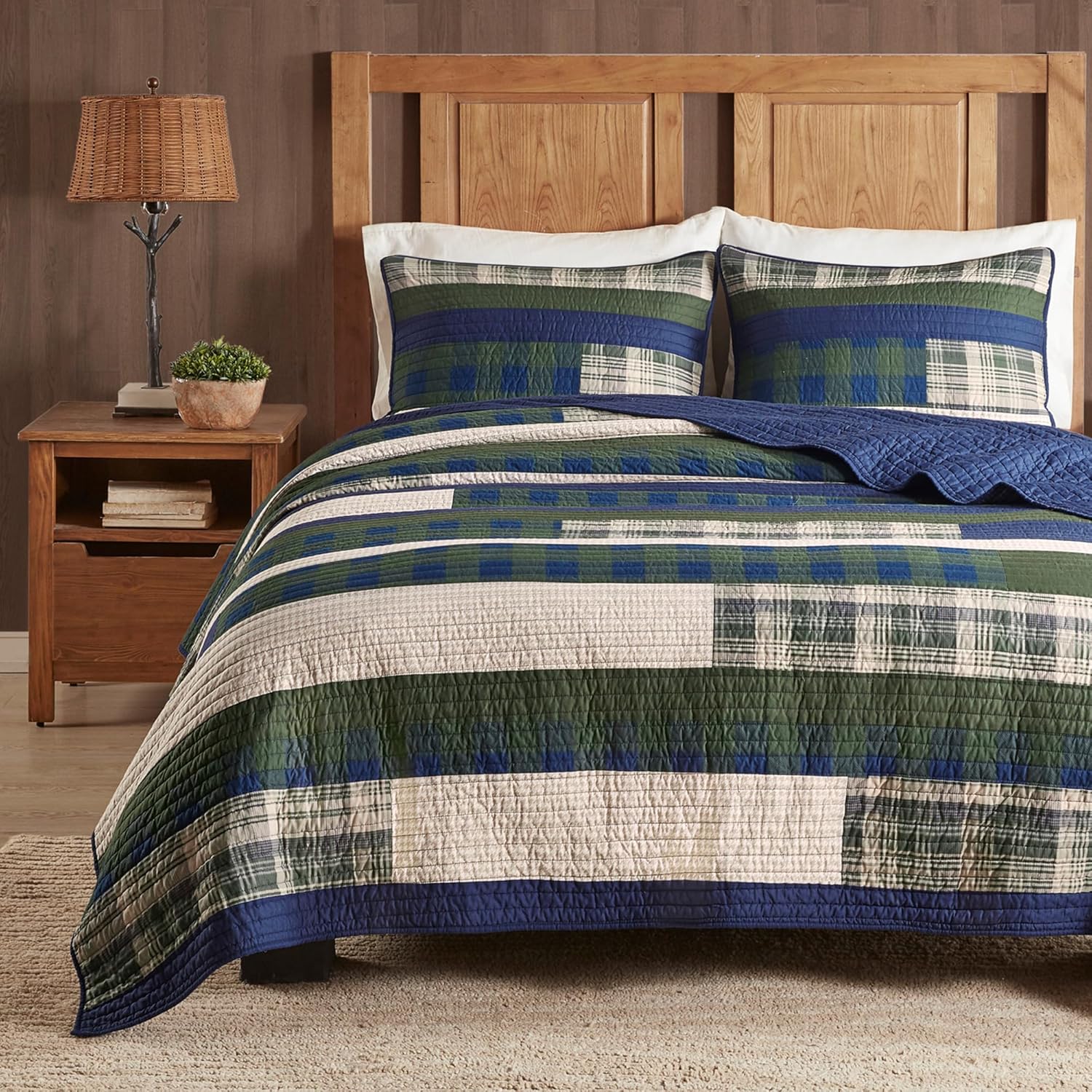 WOOLRICH Spruce Hill Reversible Quilt Set - Cottage Styling Reversed to Solid Color, All Season Lightweight Coverlet, Cozy Bedding Layer, Matching Shams, Oversized King/Cal King, Stripes Green 3 Piece