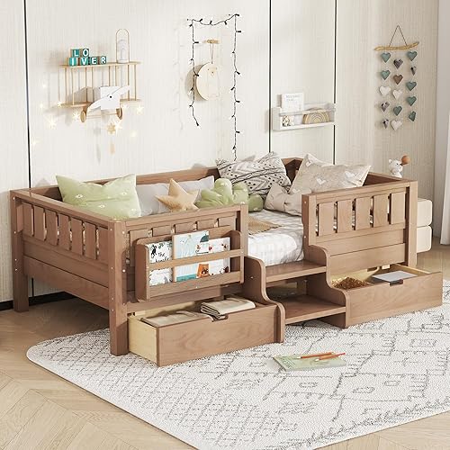 Bellemave Twin Size Kids Montessori Bed with Stairs and Bookshelf,Solid