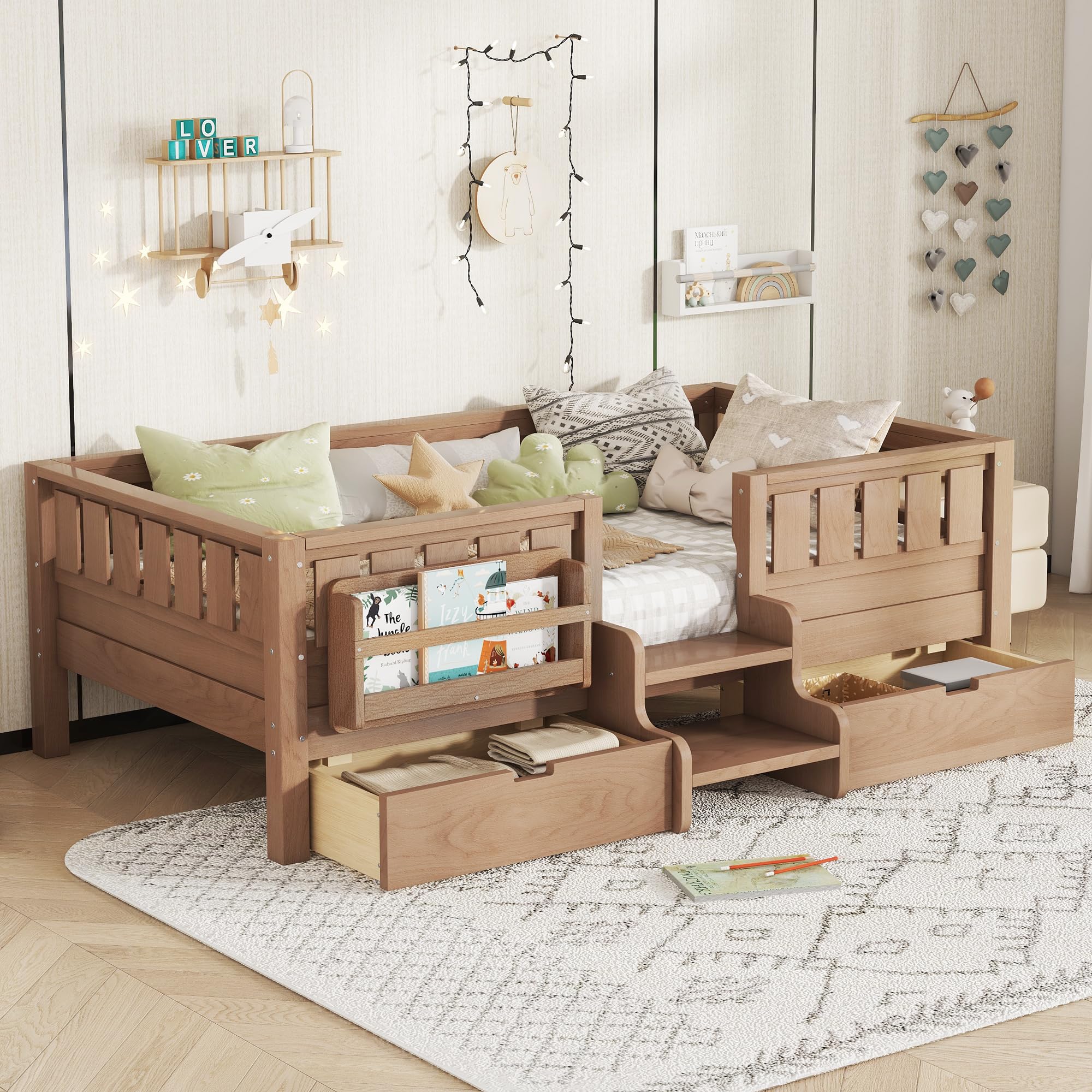 Bellemave Twin Size Kids Montessori Bed with Stairs and Bookshelf,Solid Wood Twin Size Kids Bed Frame with Drawers and Storage for Girls Boys,