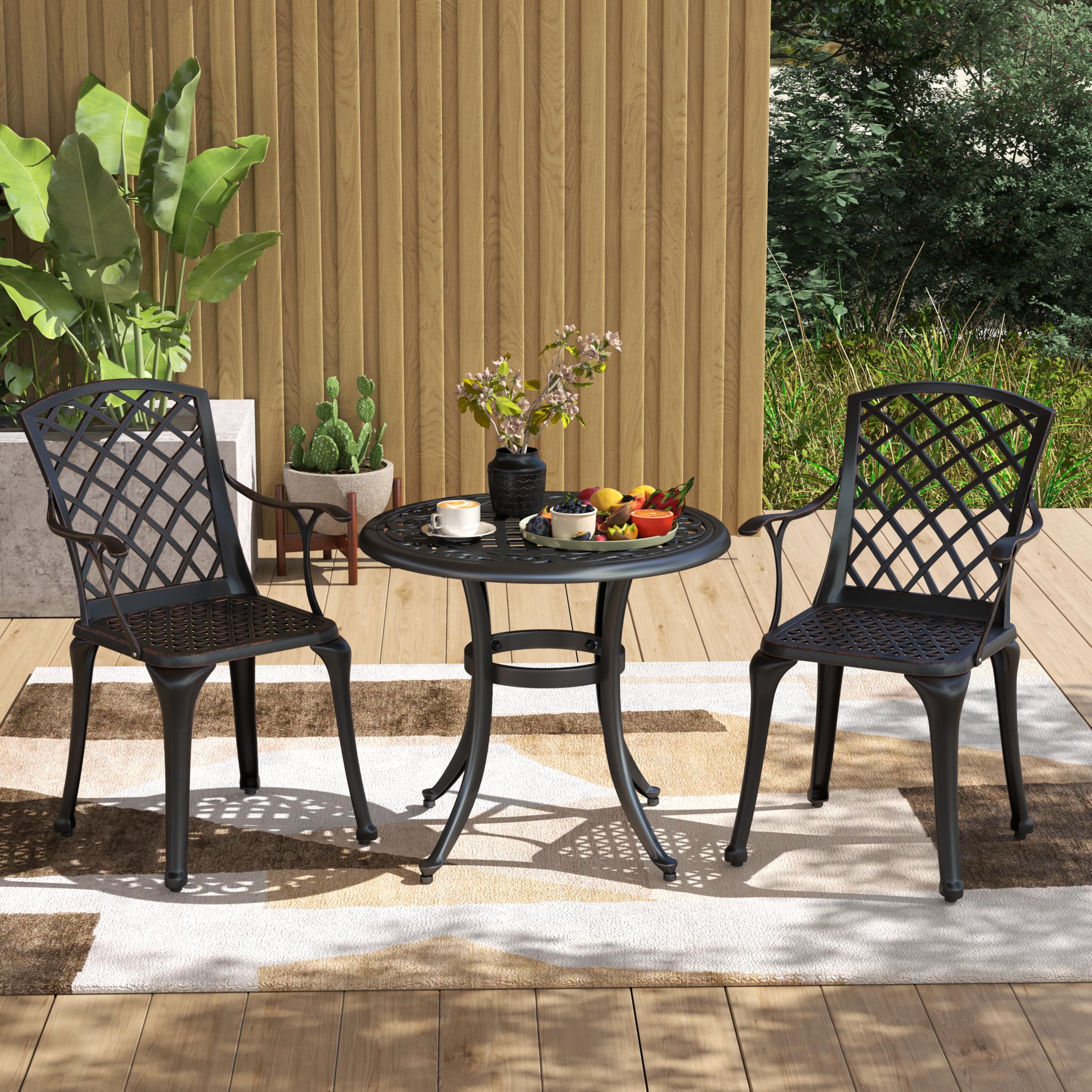 GOPLUS Juego de 2 Sillas de Jardín, Sillas de Comedor Aluminio Fundido Resistentes a la Intemperie, Respaldo y Reposabrazos, para Jardín, Patio, Balcón (Bronce)