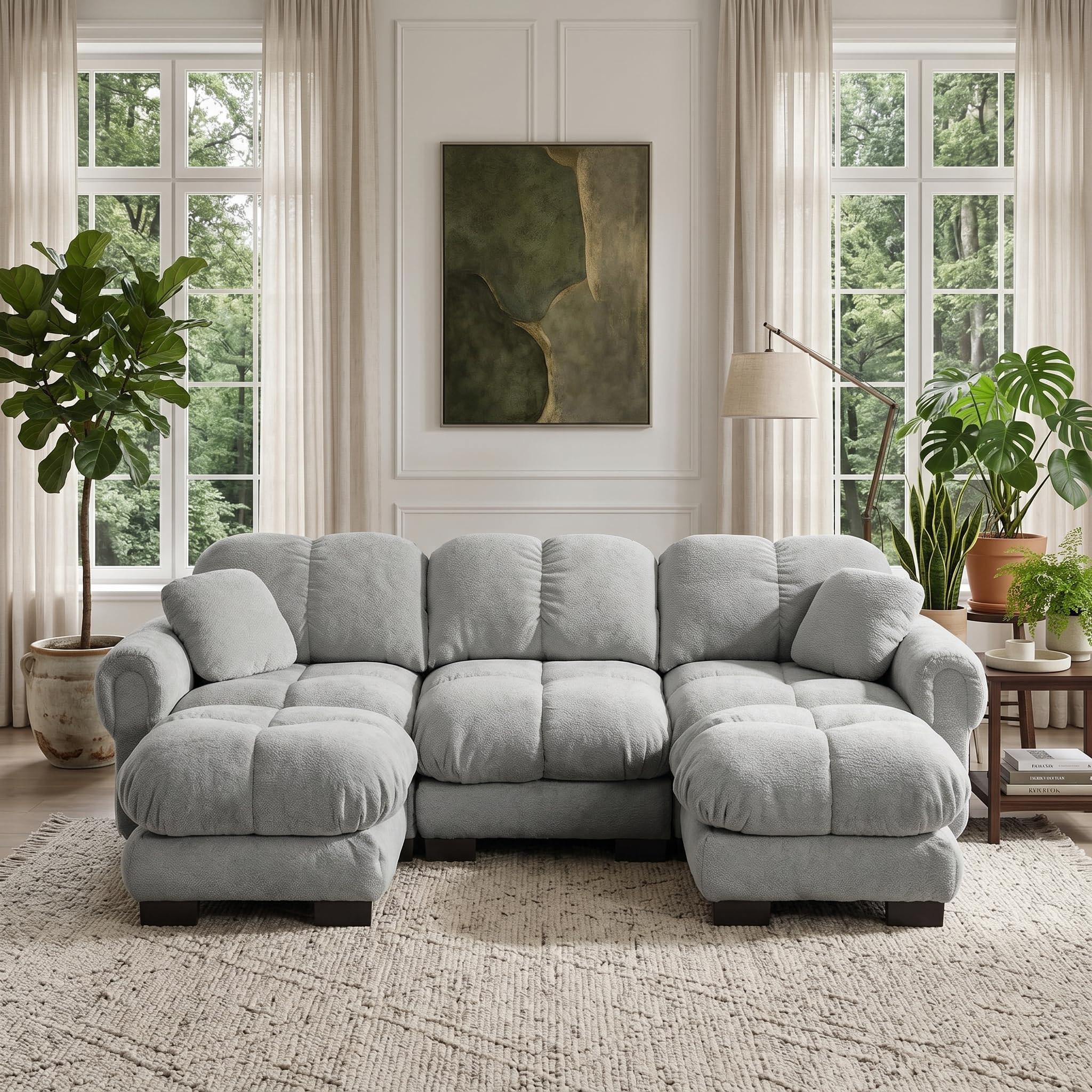 260cm u Sofa mit schlaffunktion, 3 Sitzer Sofa, Eleganter Stil,Dicke Sitzkissen,Weich & Stützend, mit Mobiler Ottomane,Einfach Aufzubauen,Geeignet für Das Wohnzimmer,Hellgrau