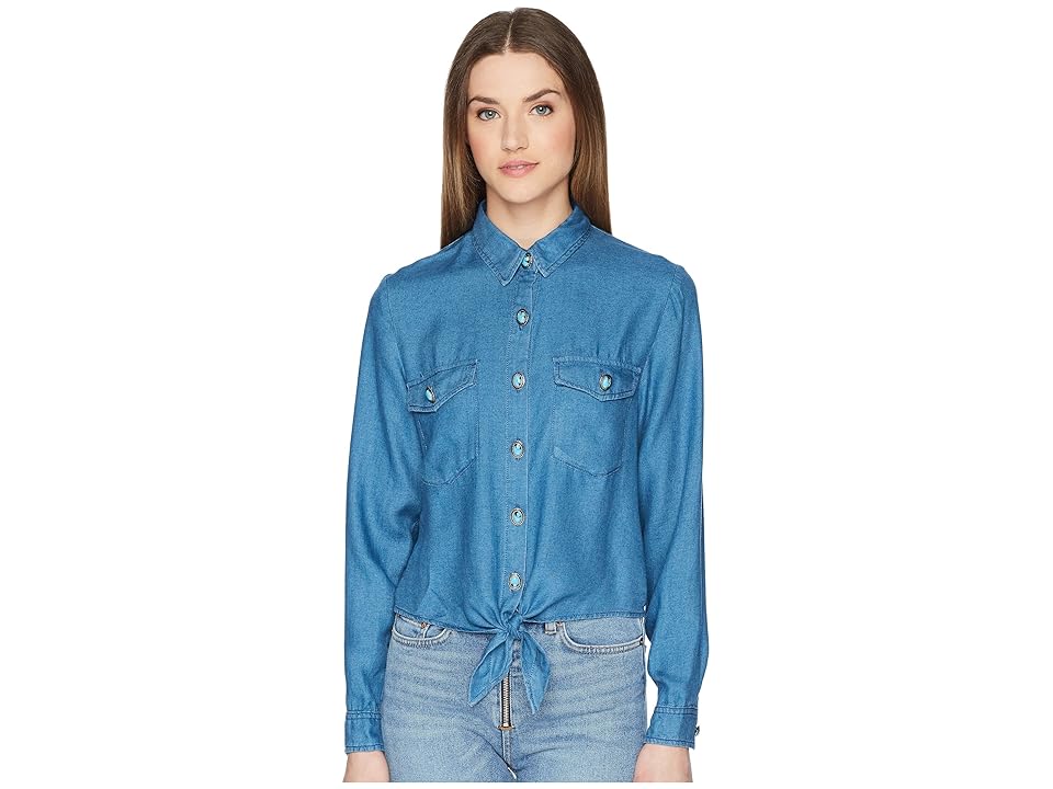 

The Kooples Cropped Knot Shirt with Turquoise Buttons (Blue) Women's Clothing