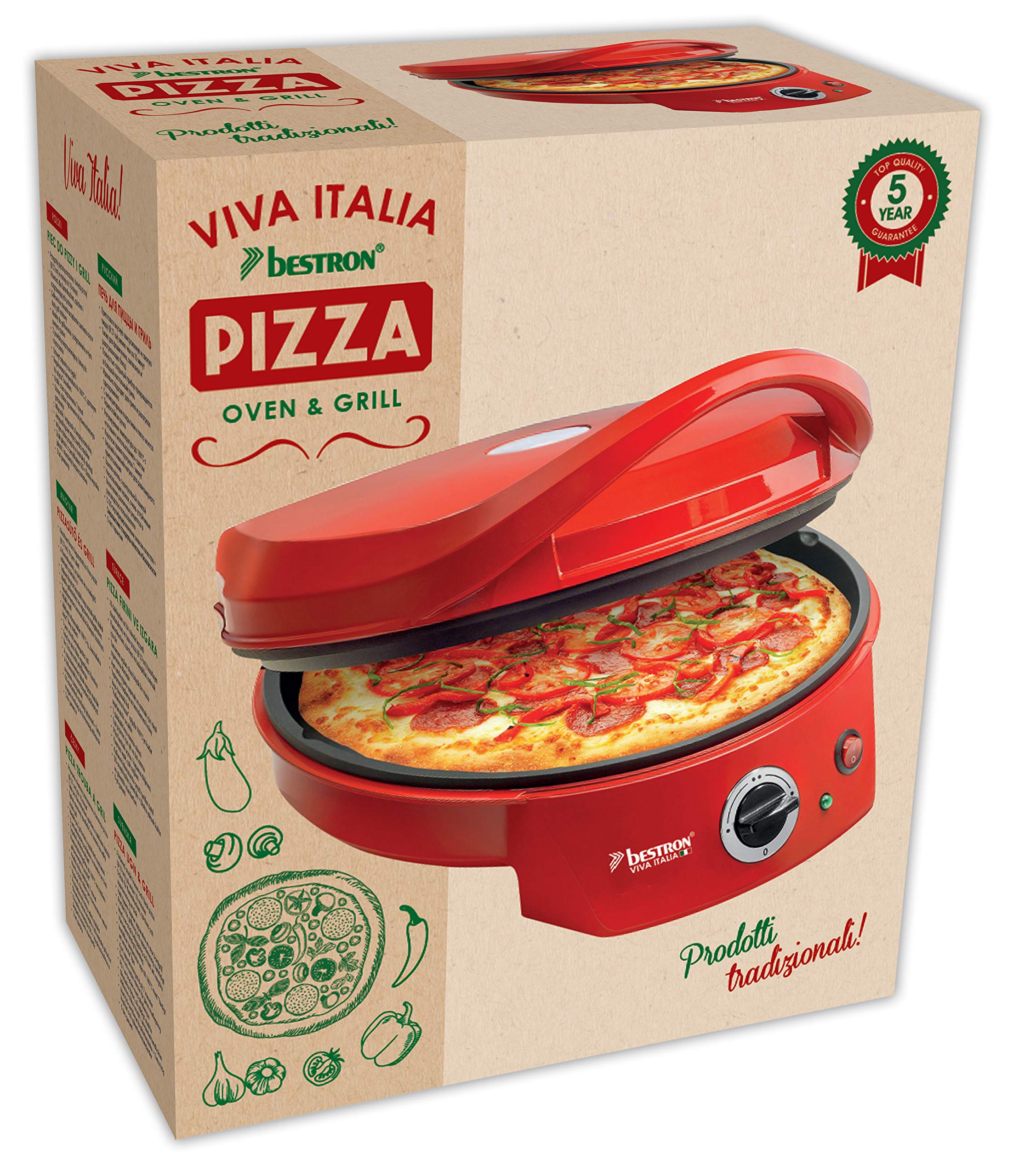 Bestron Four à Pizza Électrique, Four à Pizza Jusqu'à 230°C, Chauffage Haut/Bas pour Pizza Faite Maison Ou Surgelée, Tarte Flambée, Quiche Ou Wraps Jusqu'à Ø 27Cm, 1800 Watts, Couleur: Rouge