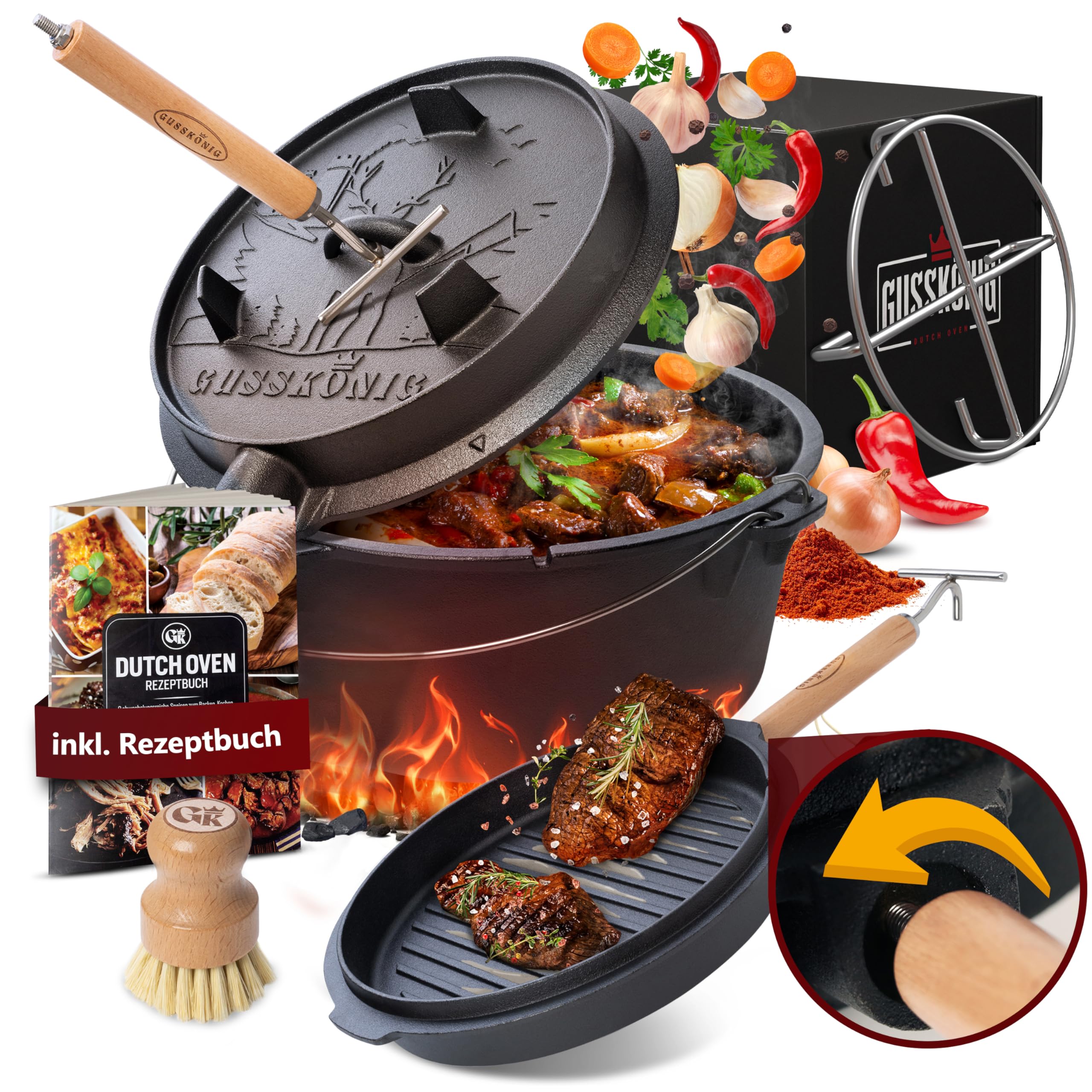 GUSSKÖNIG dutch oven Cocotte Fonte Barbecue - Cocotte Émaillée 9L sans Pieds - Chaudron en fonte - Double Fonction -Marmite fonte-Marmite feu de bois, Inclus : Brosse & Livre de Recettes[4-7 Pers.]